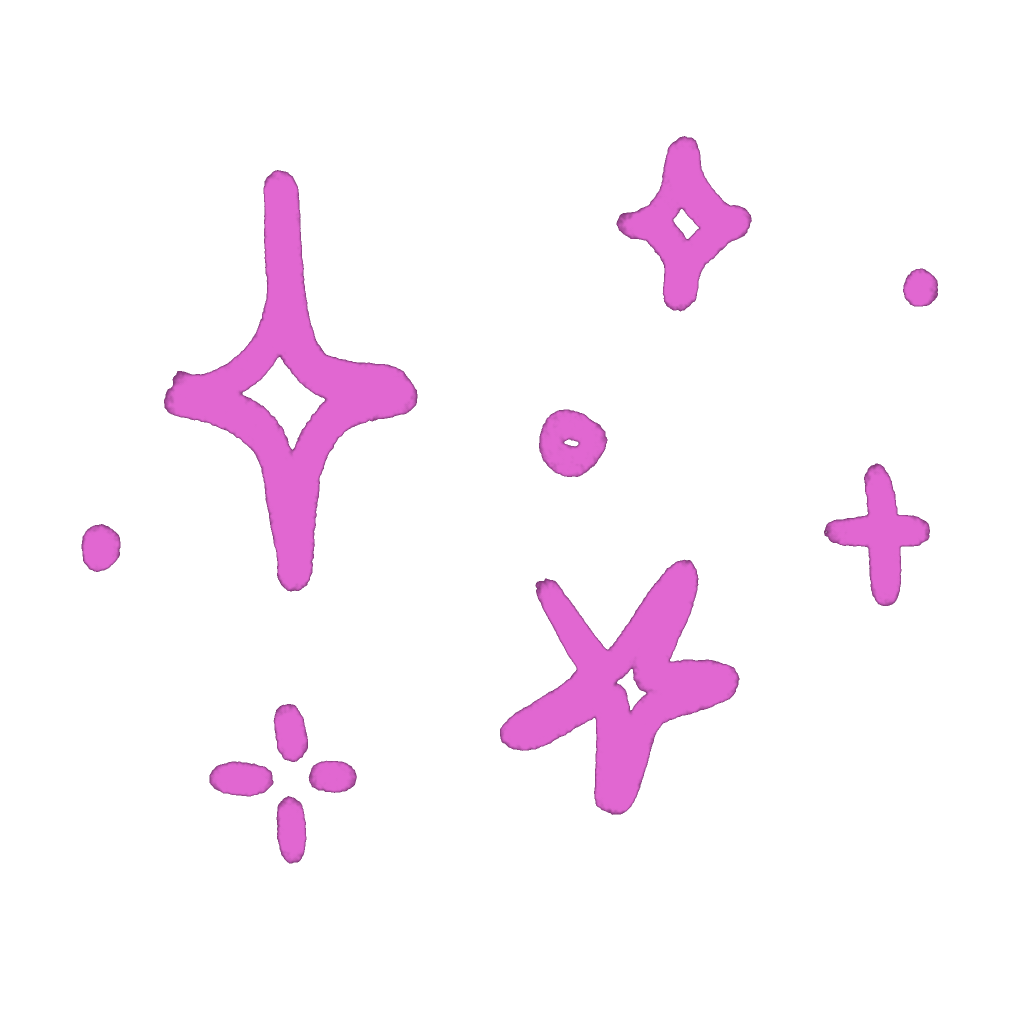 Hand-drawn pink and purple stars, sparkles, and dots on a black background.