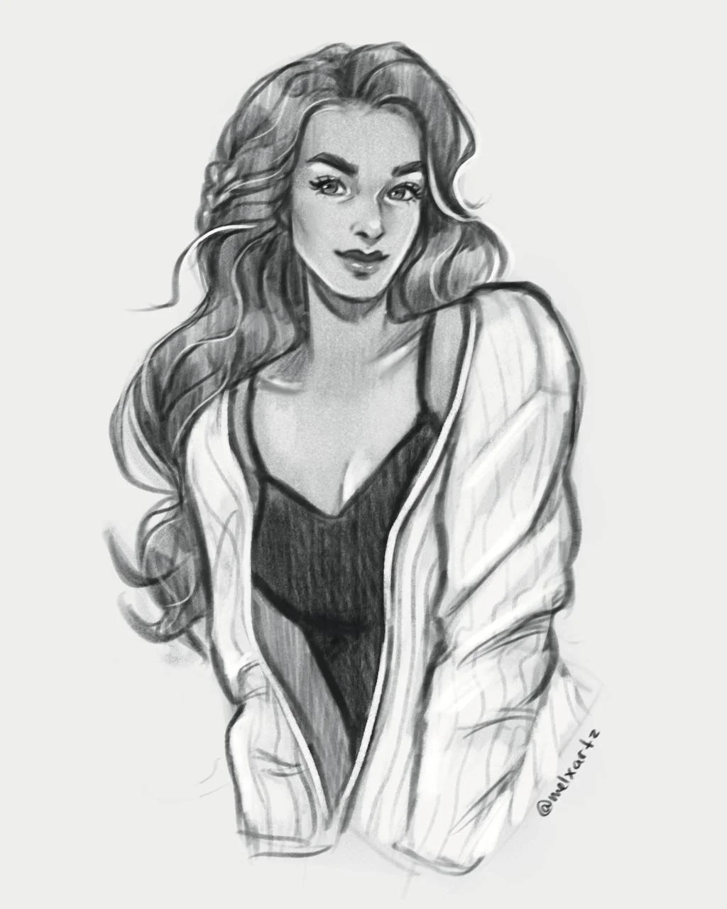 Black and white sketch of a woman with long wavy hair, wearing a jacket over a top, looking at the camera with a slight smile.