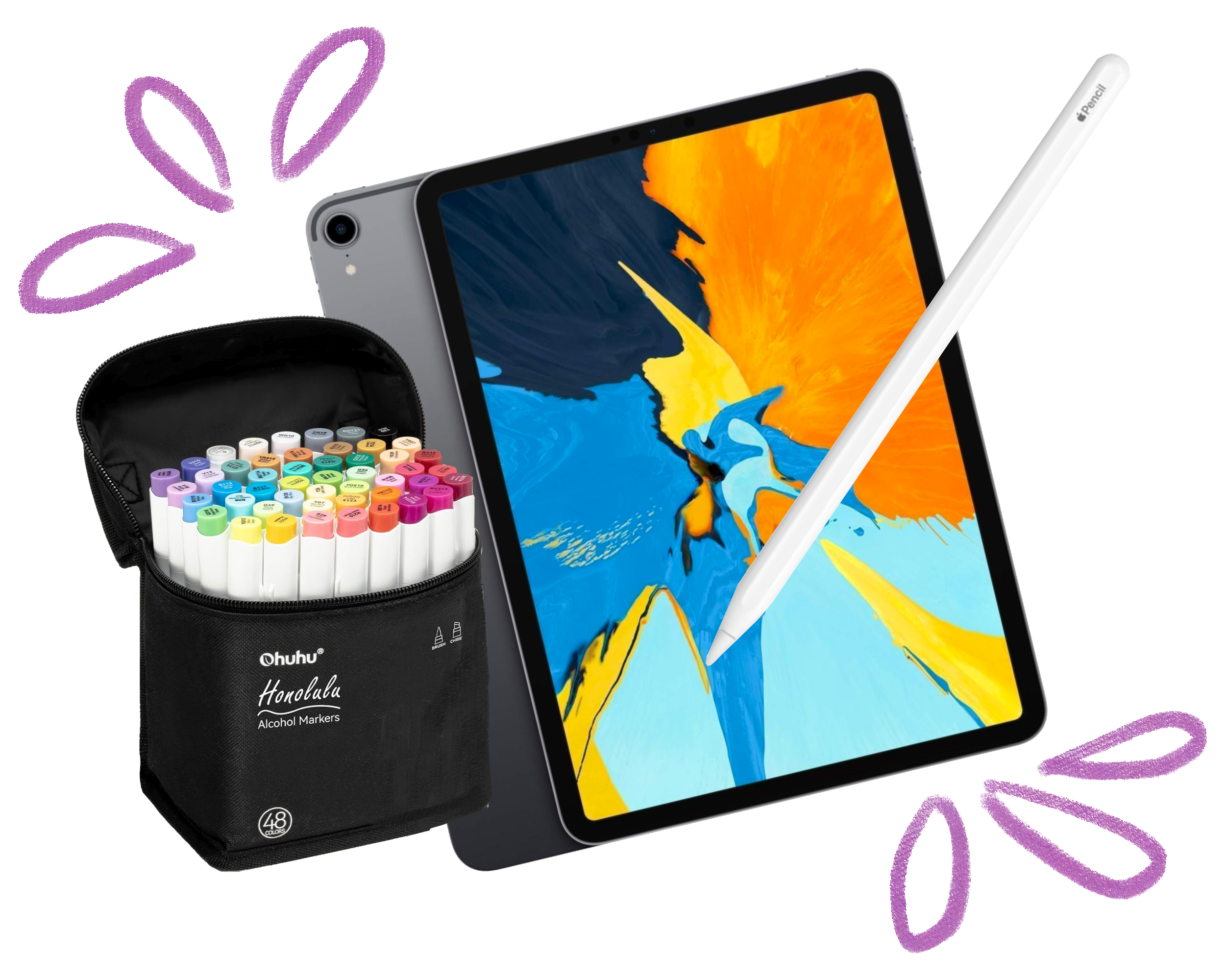 A tablet with a colorful abstract screen, a white Apple Pencil, a black carrying case filled with colorful alcohol markers, and purple decorative shapes in the background.