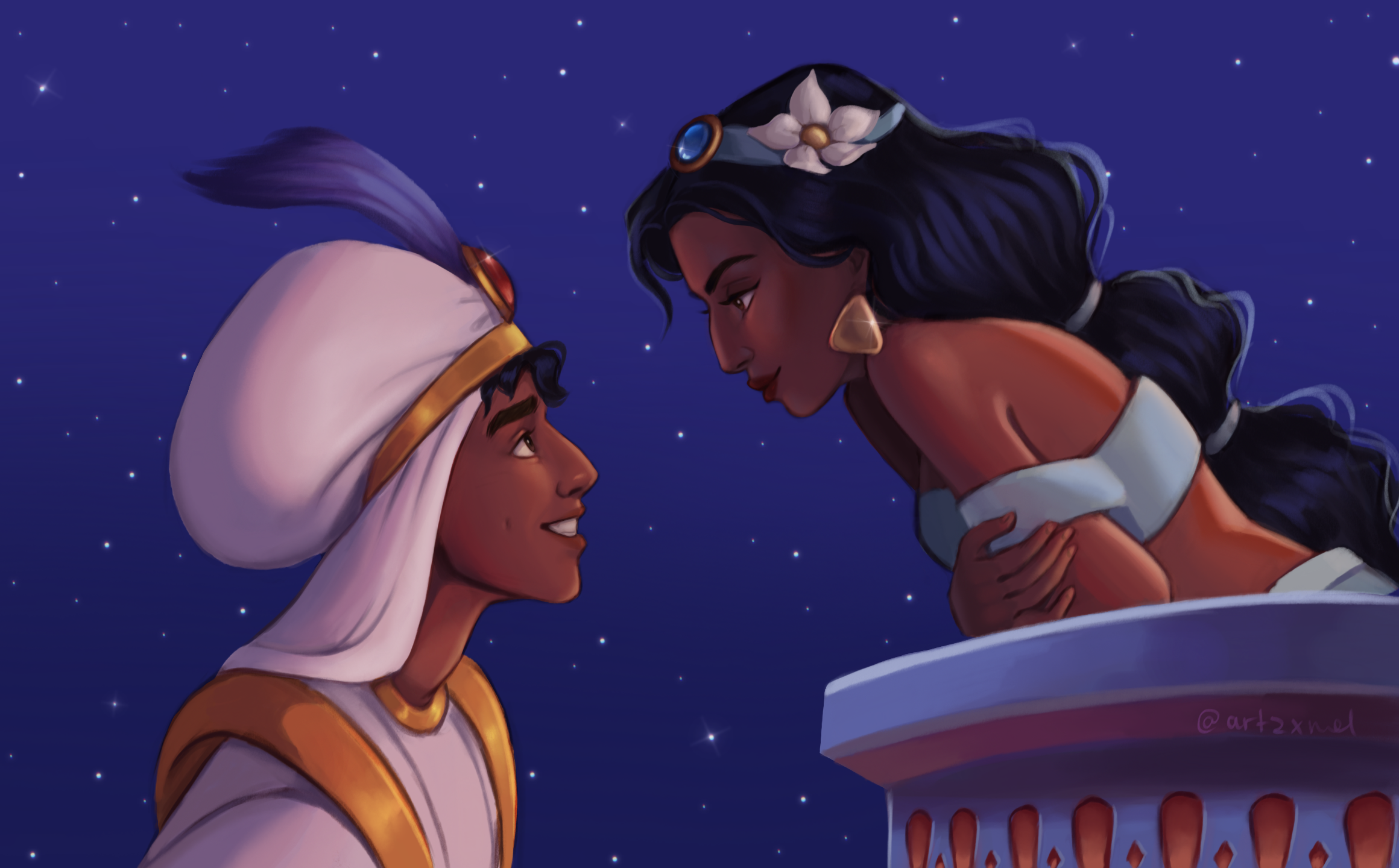 An animated illustration of a man and woman gazing into each other's eyes against a starry night sky. The man is dressed in regal attire with a white turban, and the woman has long dark hair, wearing a white off-the-shoulder dress with gold earrings 