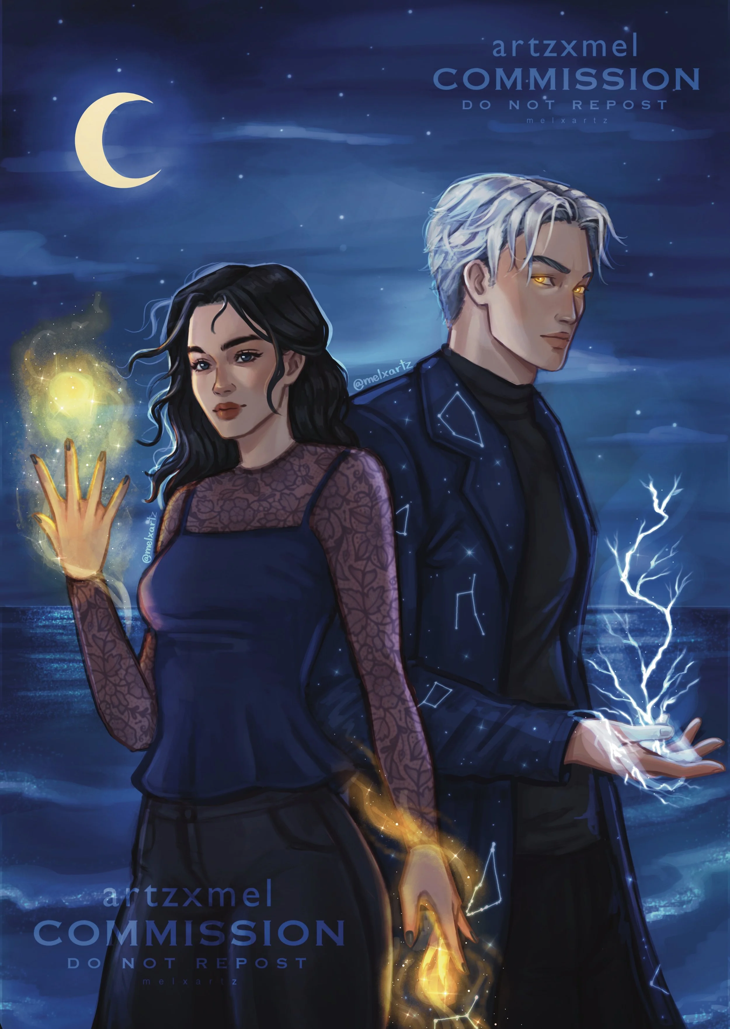 Digital fantasy illustration of a young woman and young man at night, with a crescent moon and stars in the sky. The woman has dark hair, is wearing a dark dress with lace sleeves, and is holding glowing, magical energy in her hand. The man has white hair, glowing yellow eyes, and is dressed in a dark blue jacket with cosmic patterns, holding lightning in his hand. The scene includes electric and magical effects and reflects an ocean in the background.