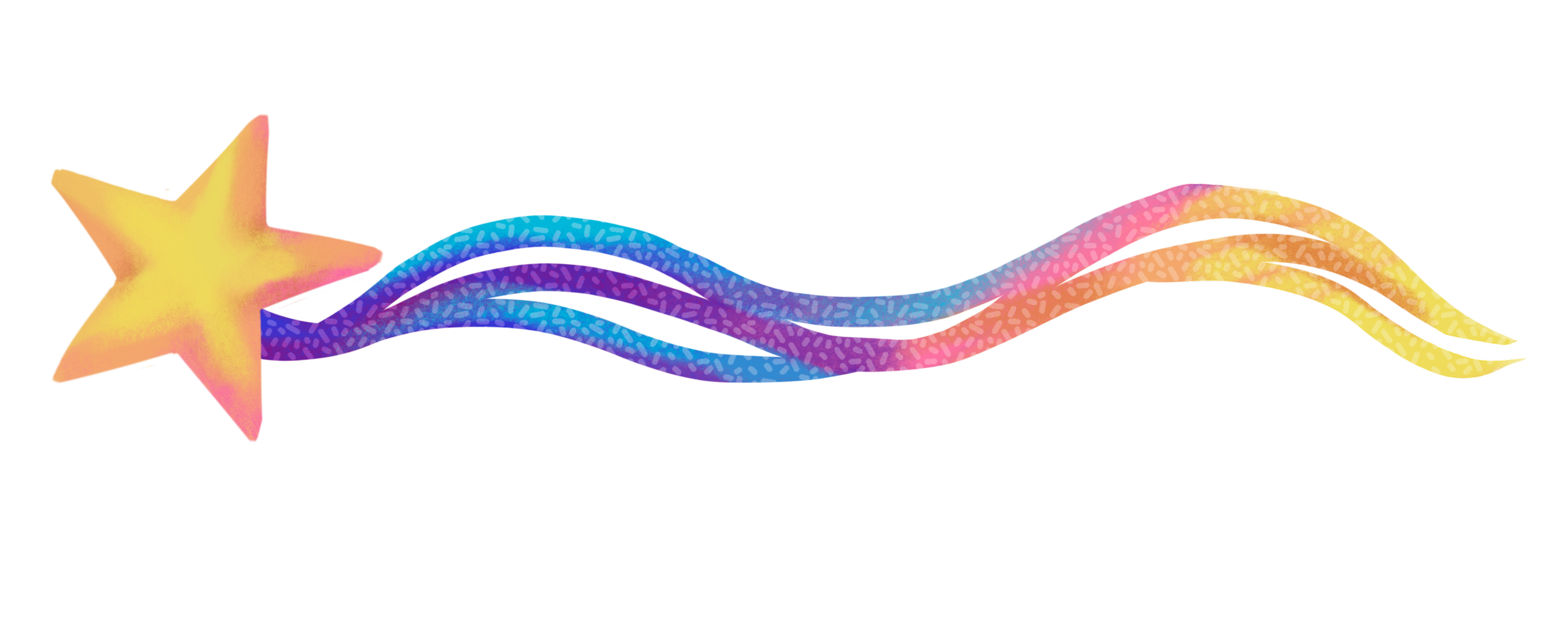 Colorful shooting star with a yellow and pink star on the left and a trail of rainbow-colored wavy lines.