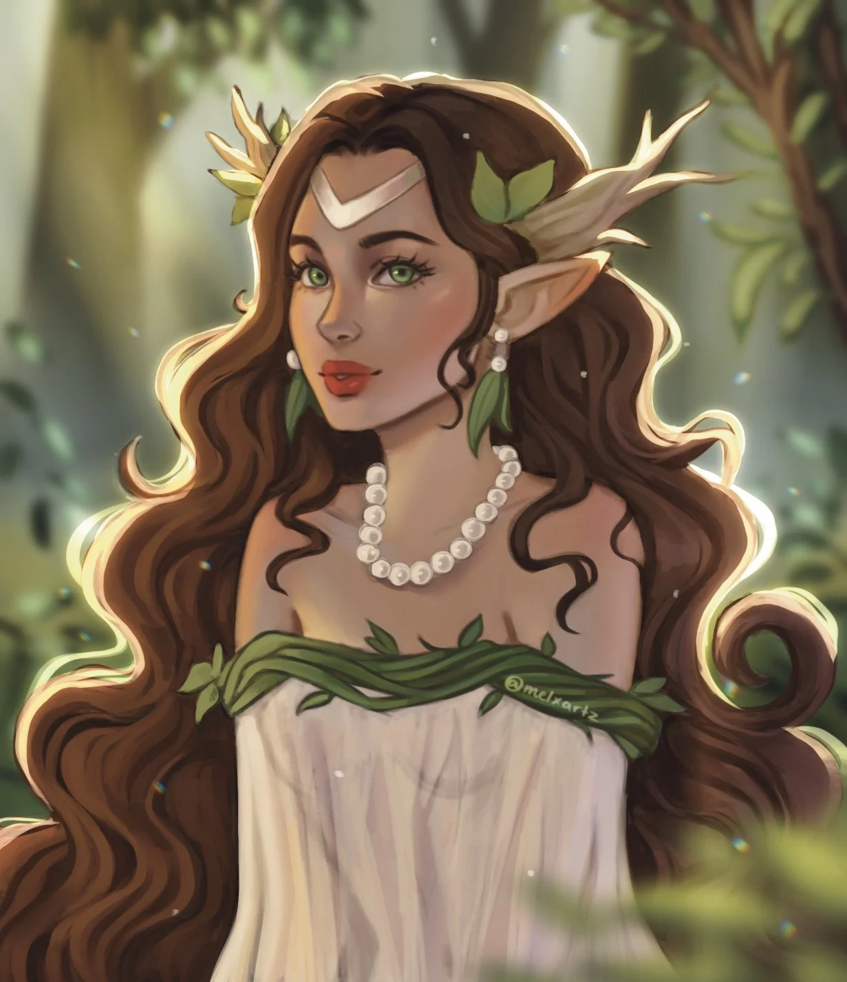 A fantasy illustration of a female elf with long, flowing brown hair, green eyes, pointed ears, and a crown of leaves. She wears pearl jewelry and a strapless white dress with green leafy accents, set in a lush forest background with sunlight filteri