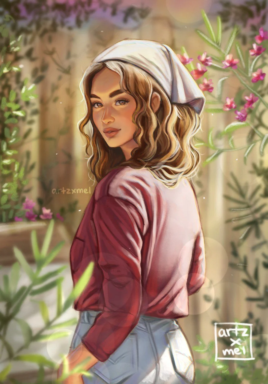 Digital artwork of a young woman with wavy brown hair wearing a white headscarf, pinkish-red long-sleeve shirt, and light-colored pants, surrounded by greenery and pink flowers, with sunlight filtering through.
