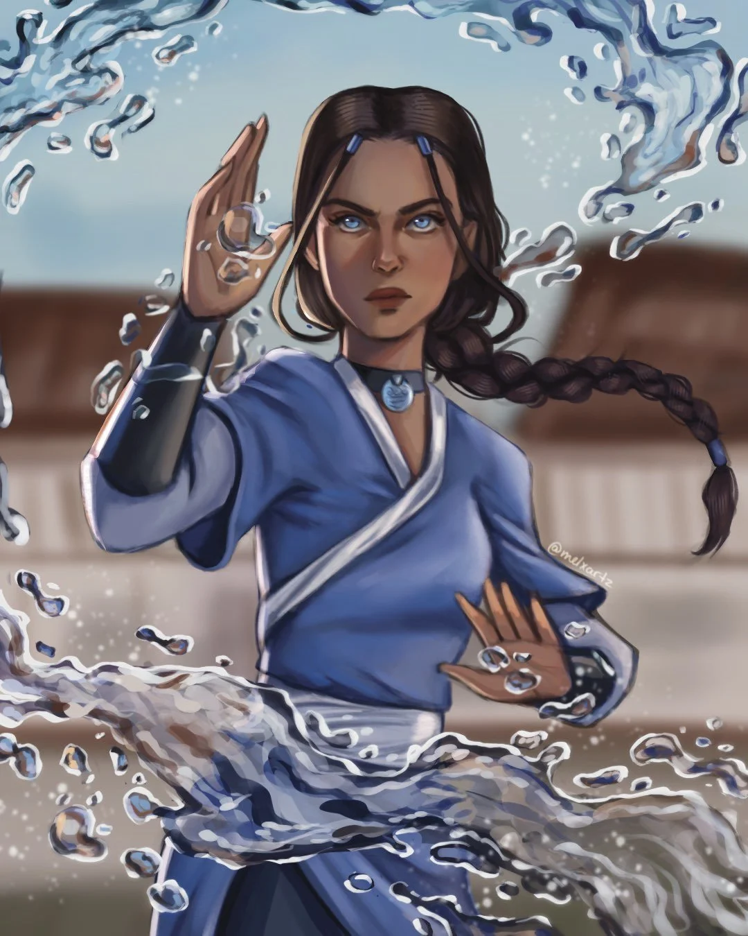 A digital illustration of a young woman with long brown hair in a braid, dressed in a blue and white martial arts uniform, performing a water-based attack or technique with water swirling around her, intense focus in her blue eyes, set outdoors with 