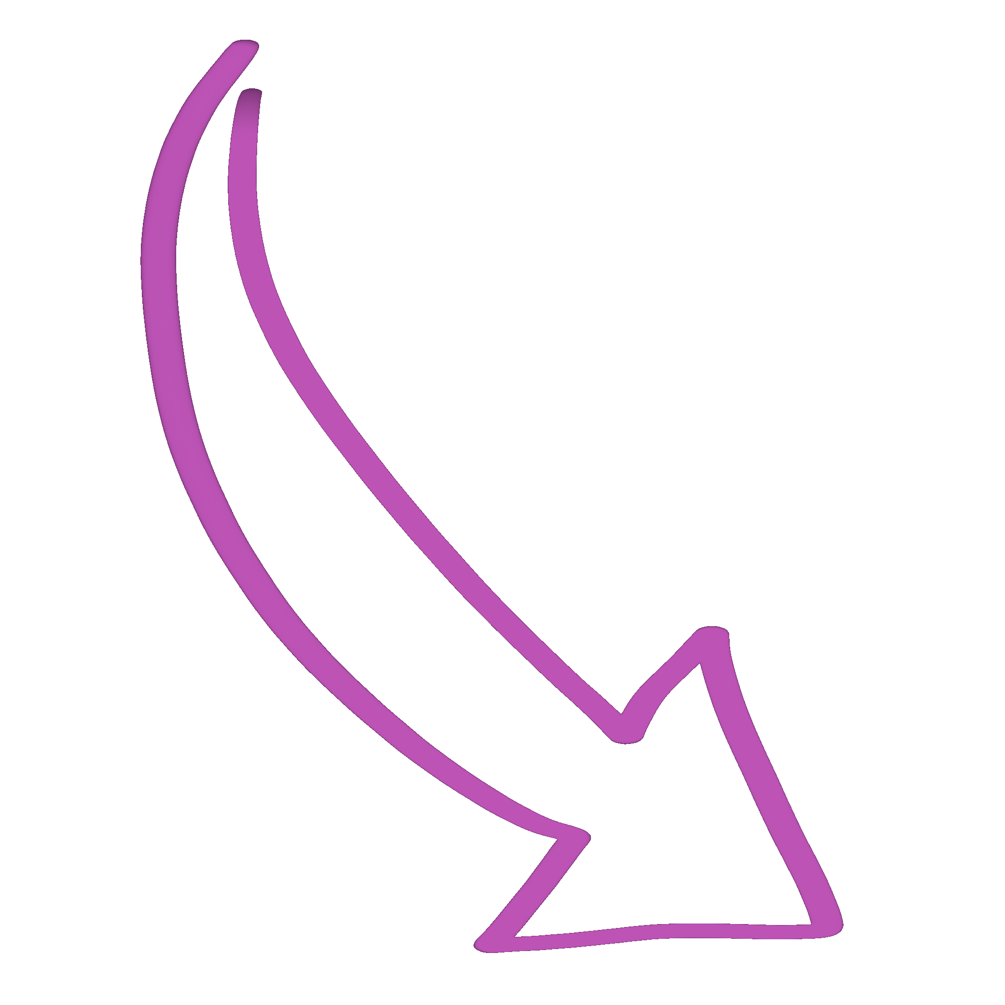 A purple neon arrow pointing downward in a curved shape.
