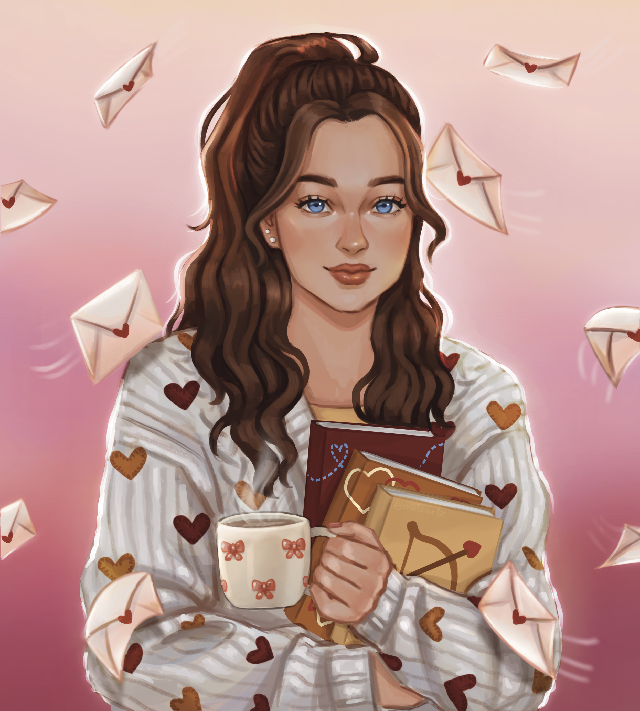 Character art commission illustration of a woman with long brown hair in a ponytail, holding books and a mug, surrounded by love letters with hearts on them, against a pink background.