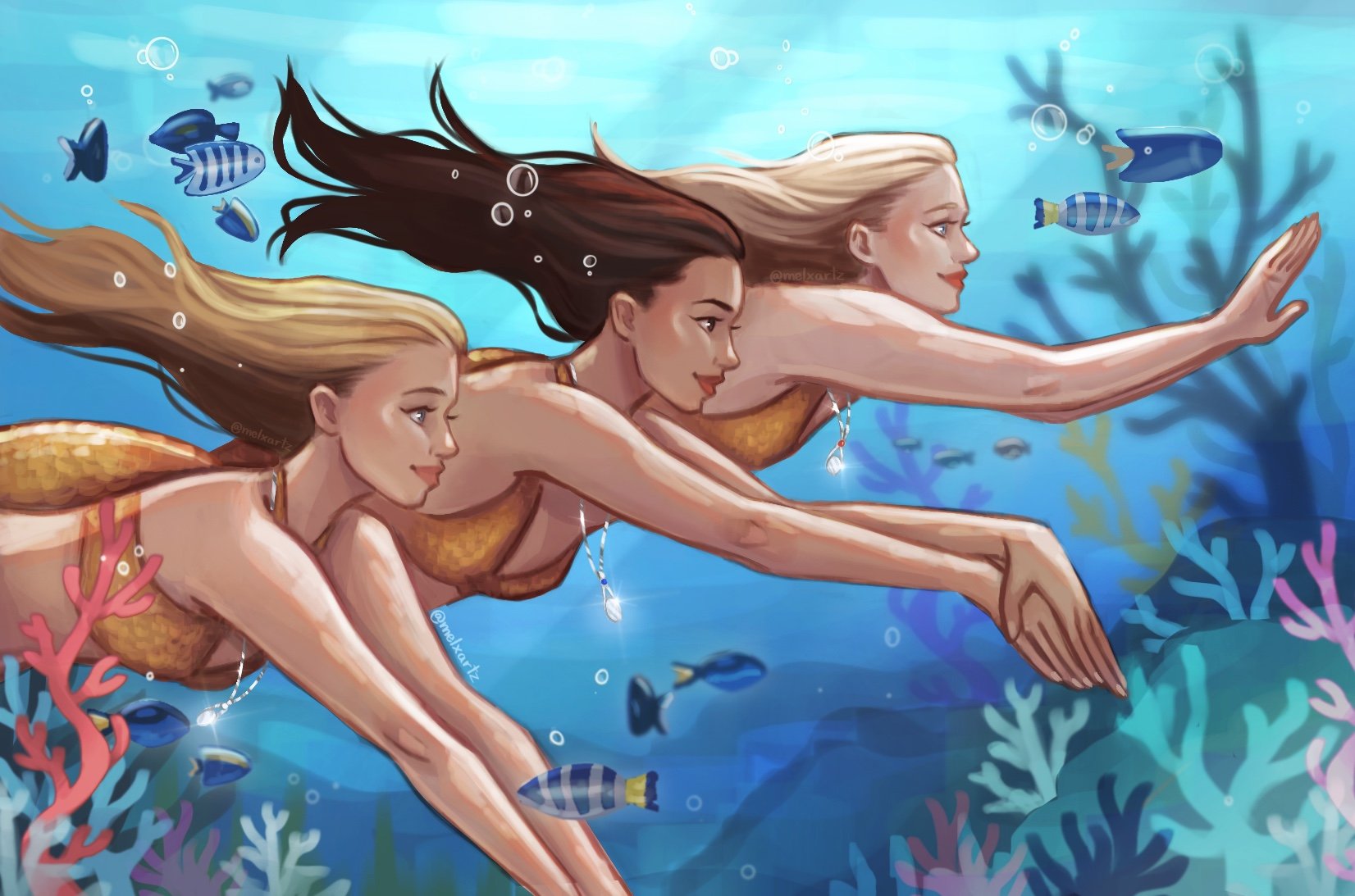 Three mermaids swimming underwater with colorful coral and small fish.