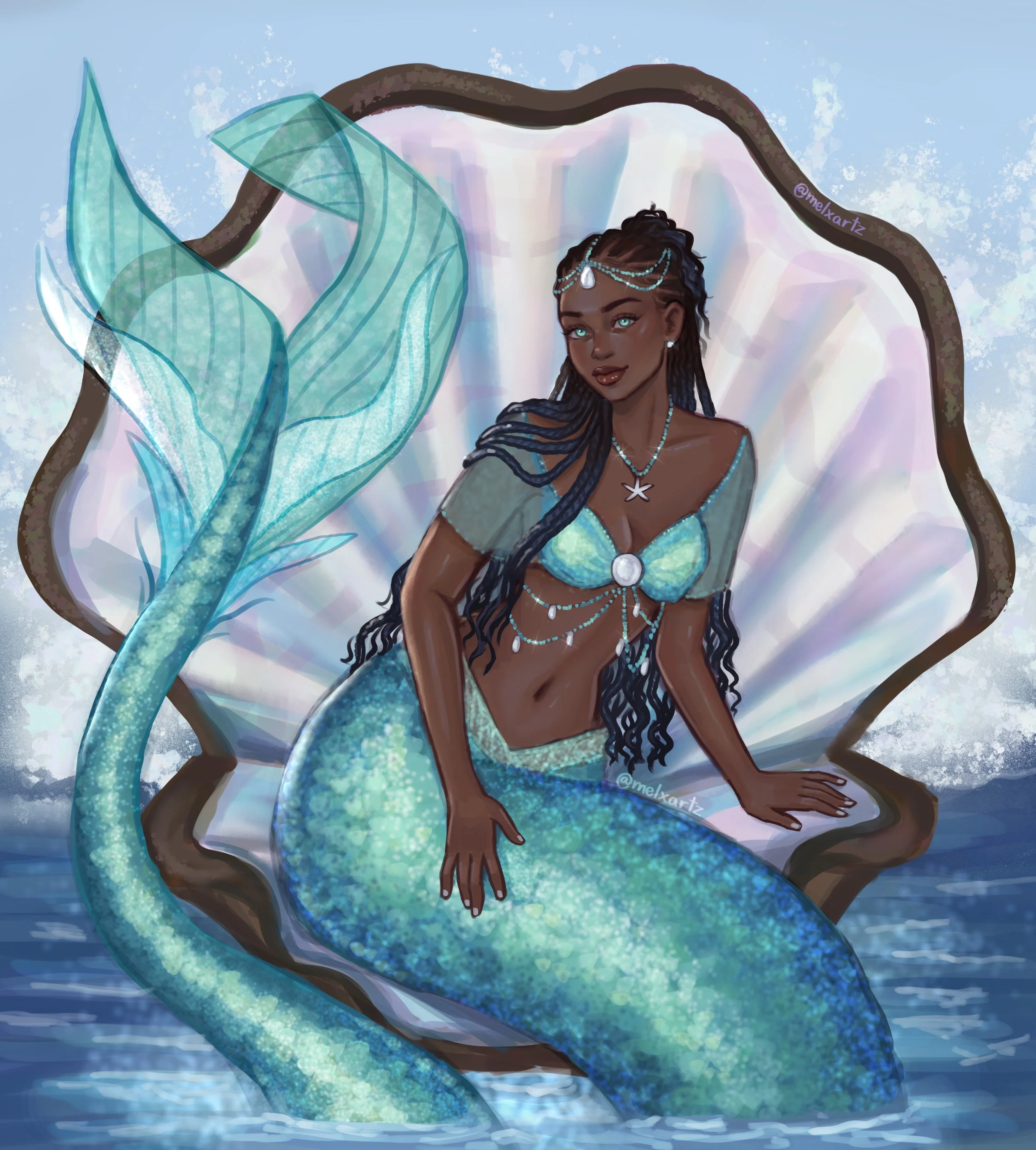 Digital artwork of a mermaid with dark skin, long dark curly hair, and light blue eyes, sitting inside a large open clam shell on a body of water. She is decorated with jewelry including a starfish necklace, pearl and jewelry on her head, and beaded 