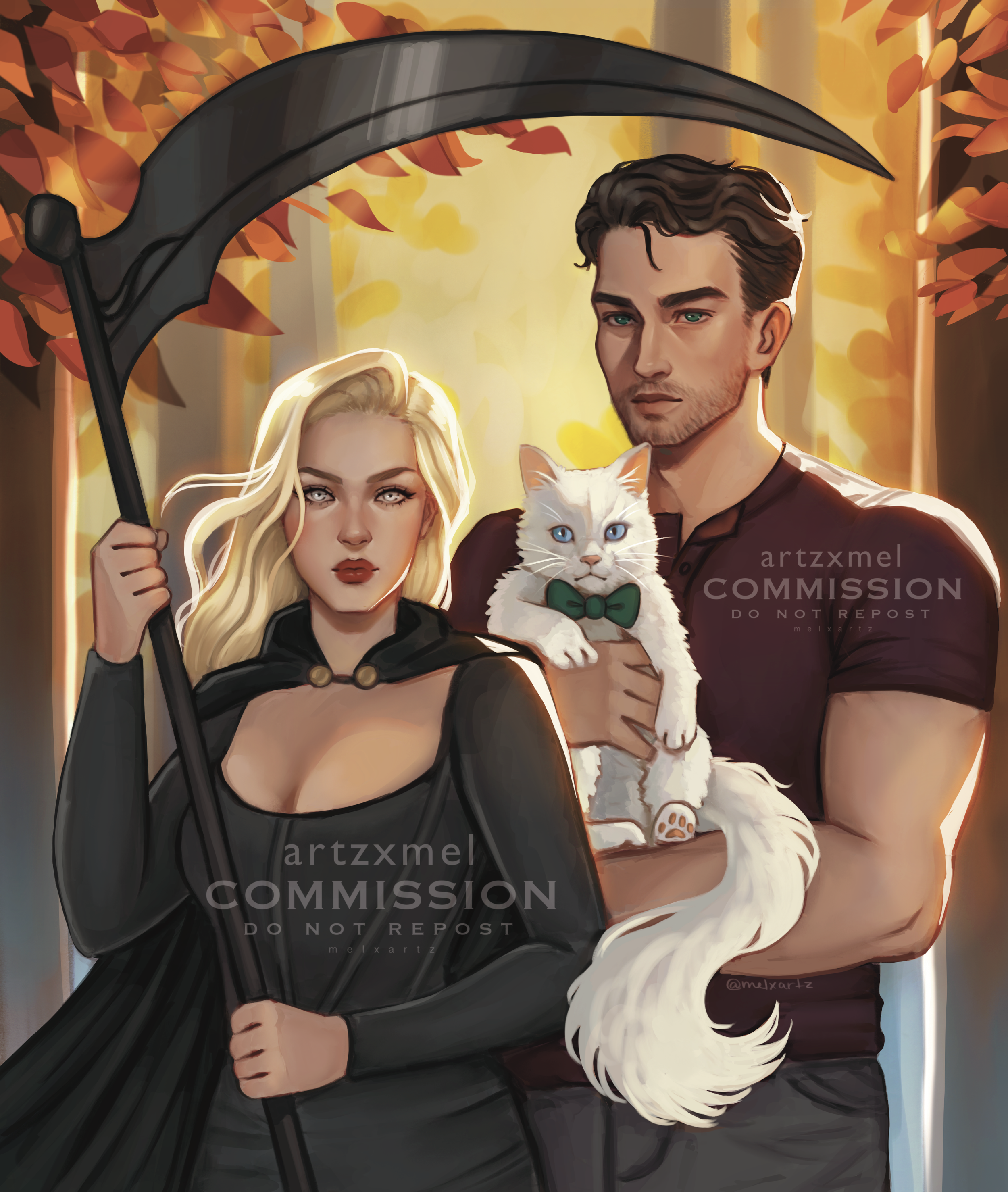 Custom Character Art Commission Illustration of a woman dressed as a dark sorceress holding a large scythe with a man holding a white cat with blue eyes and a green bow tie, set against a background of autumn trees and warm sunlight.
