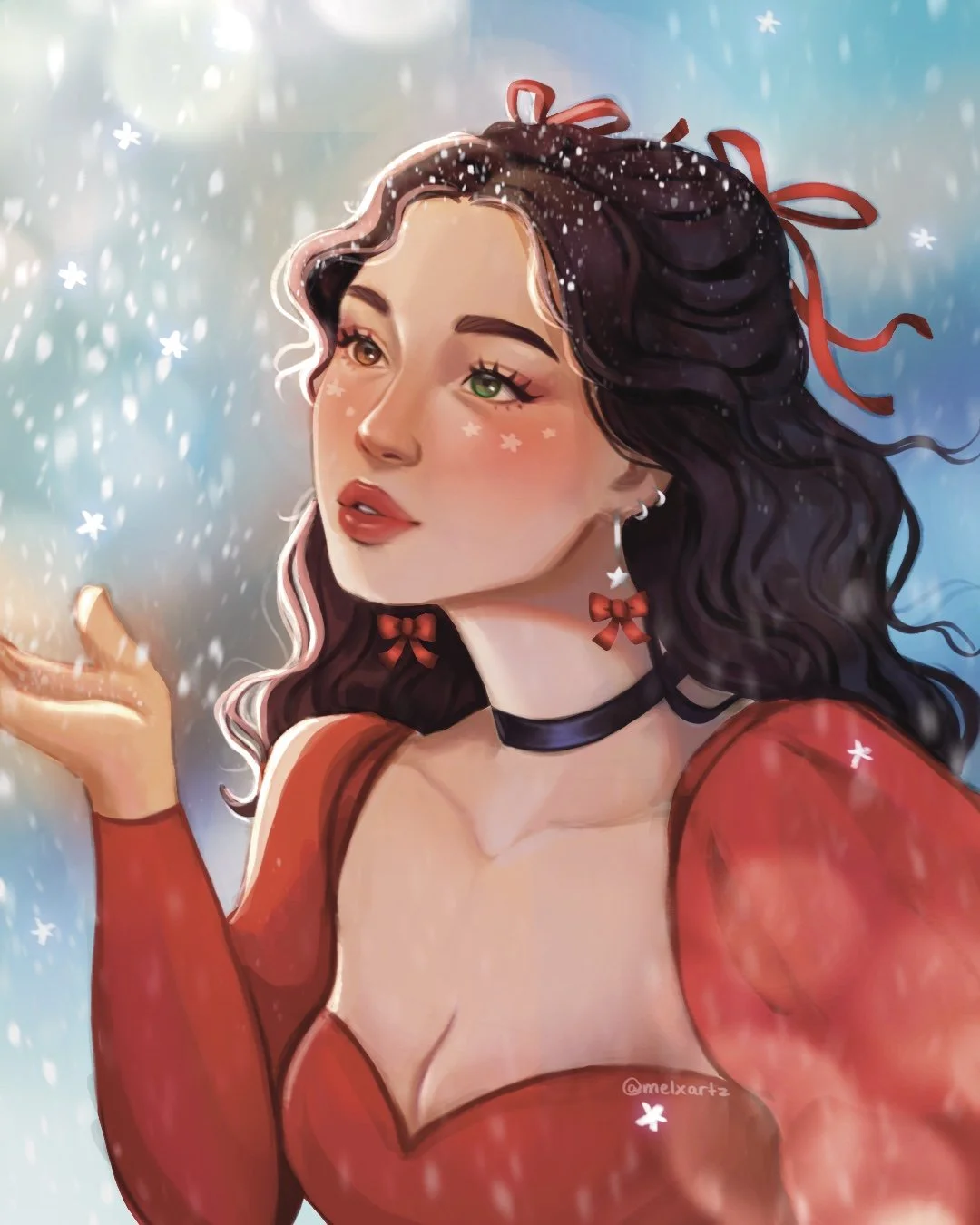 Digital artwork of a woman with dark wavy hair adorned with red bows, wearing a red dress, a black choker, and red earrings, with a snowy background. | Made by Artzxmel