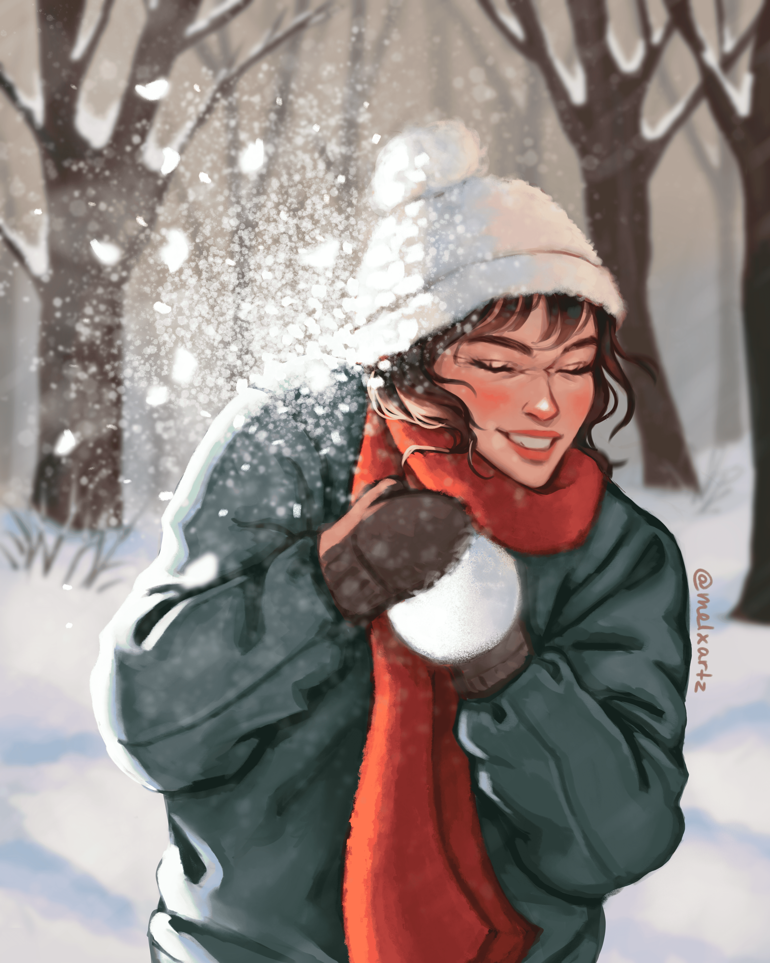 A woman in winter clothing, including a white beanie, red scarf, and gloves, holding and admiring a snowball in a snowy forest setting.