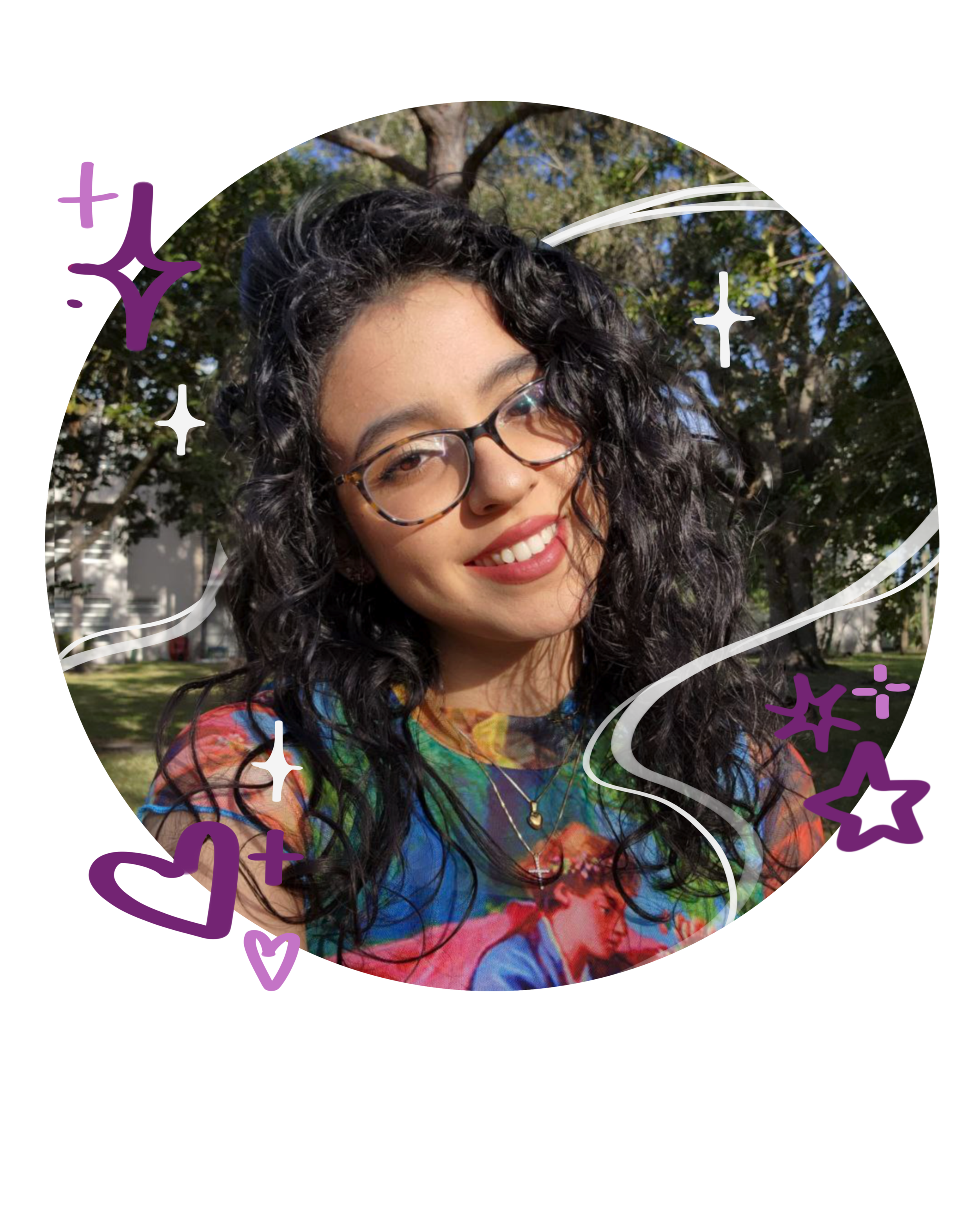 A young woman with curly black hair, glasses, and a floral shirt smiling outdoors with trees in the background, decorated with colorful doodles.