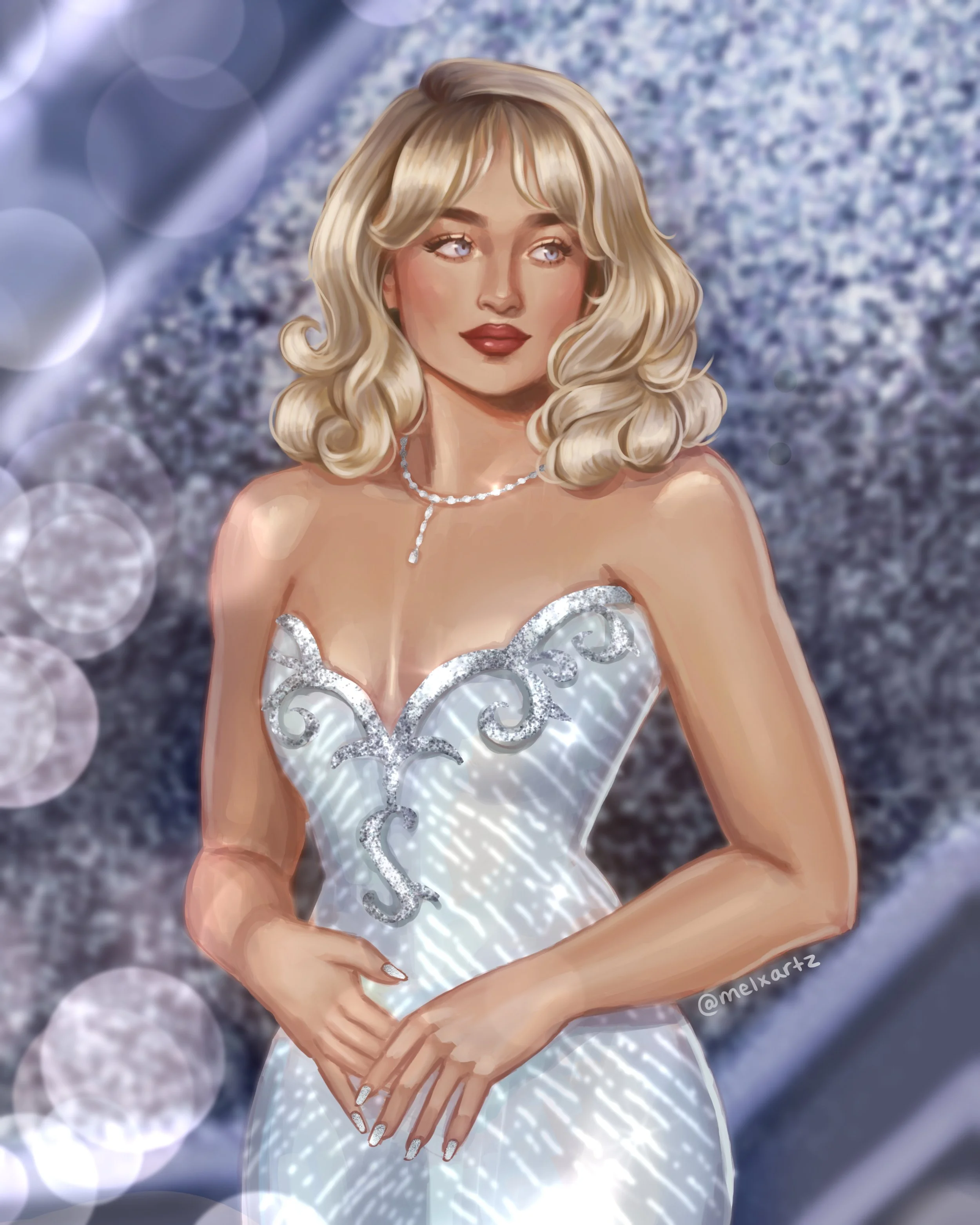 Digital illustration of a woman in an elegant, sparkling silver gown with intricate design and jewelry, standing against a shimmering, bokeh background.