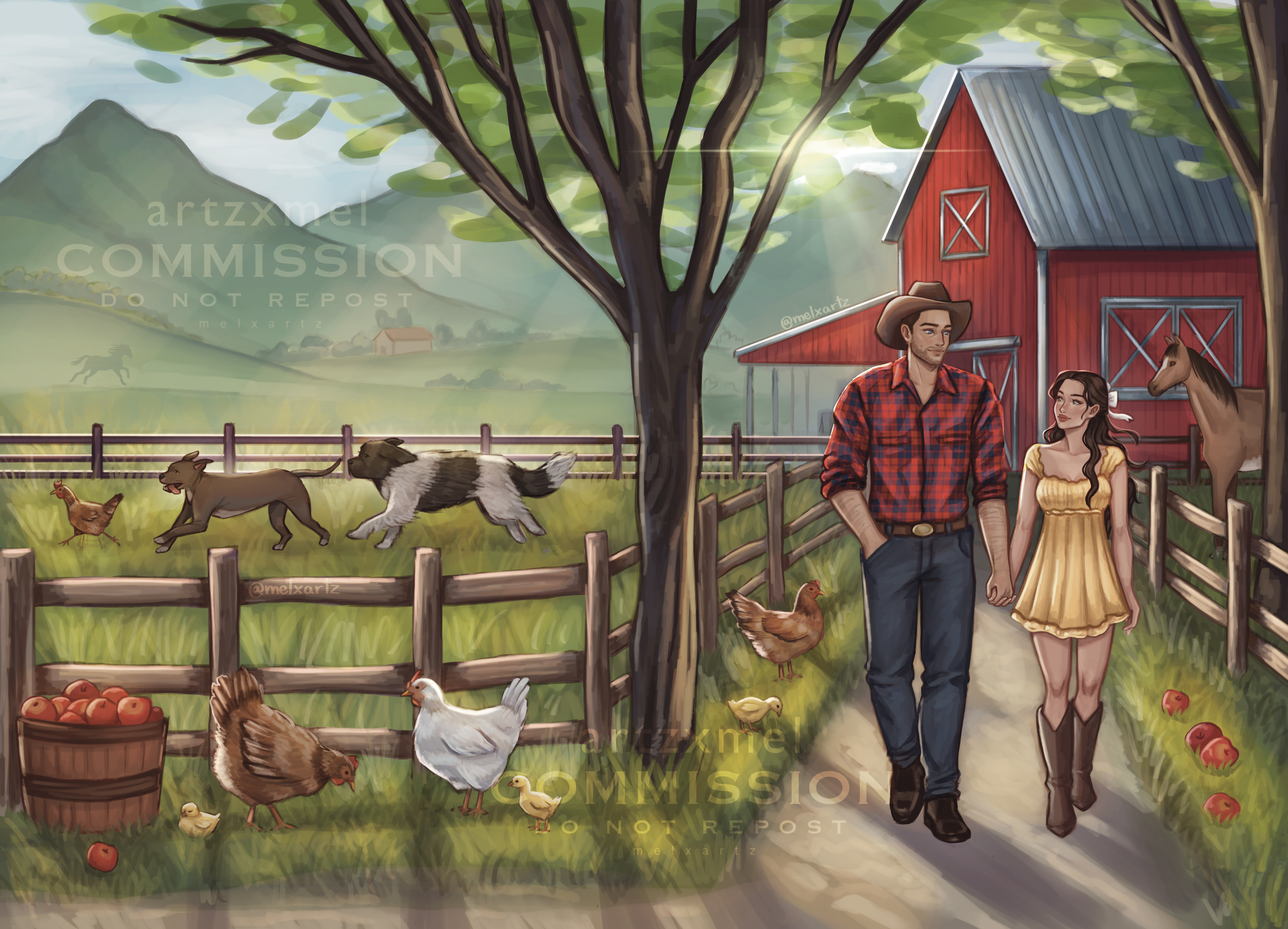 Custom Illustrated Book cover Commission featuring a man and a woman holding hands walking along a farm path, surrounded by chickens, a dog, a cat, a horse, and a red barn with trees and mountains in the background.