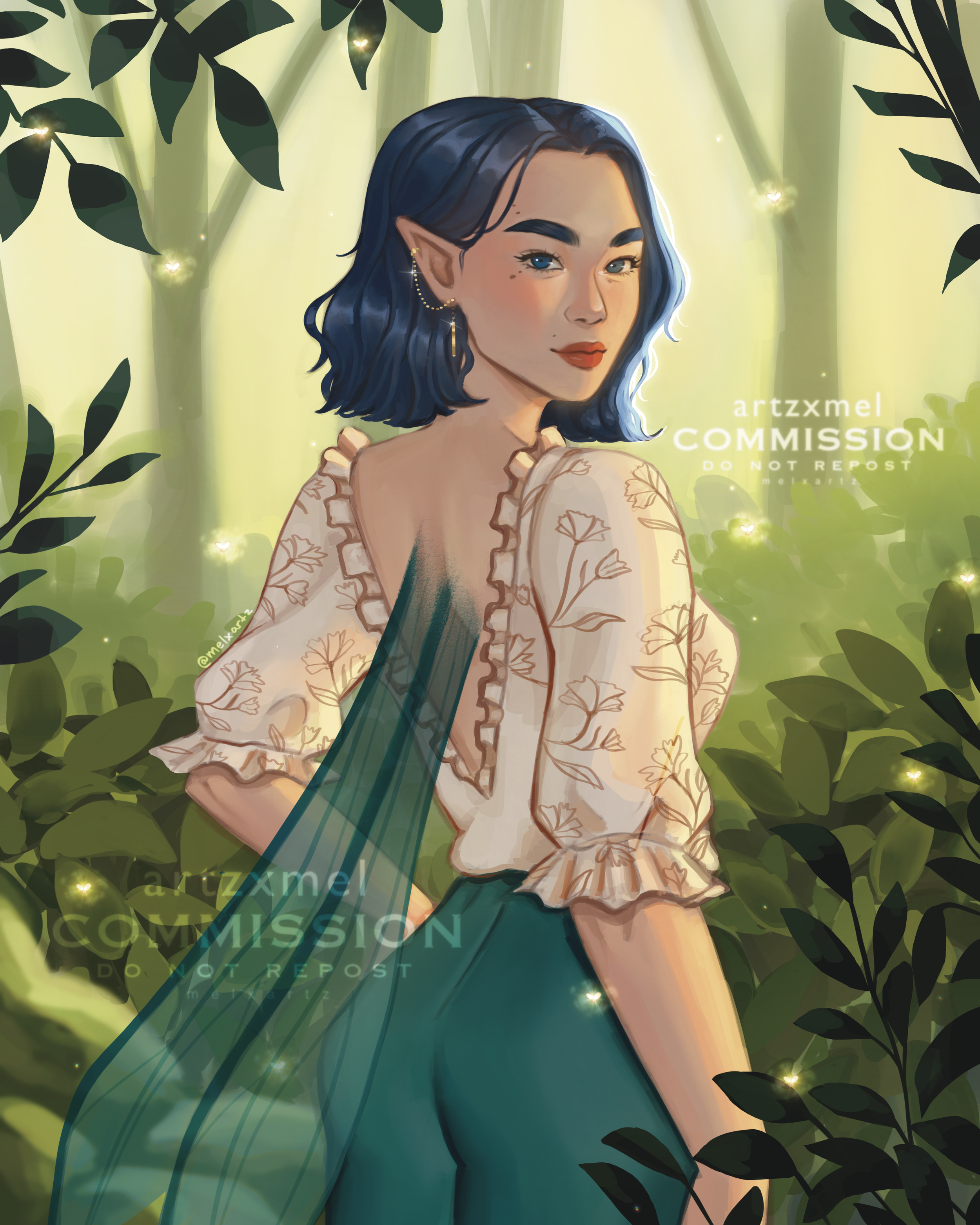 Custom Character Art Commission of woman with elf-like features, dark blue hair, and pointed ears, standing in a lush green forest. She wears a light beige blouse with floral patterns and ruffled sleeves, with a sheer green sash and matching skirt.