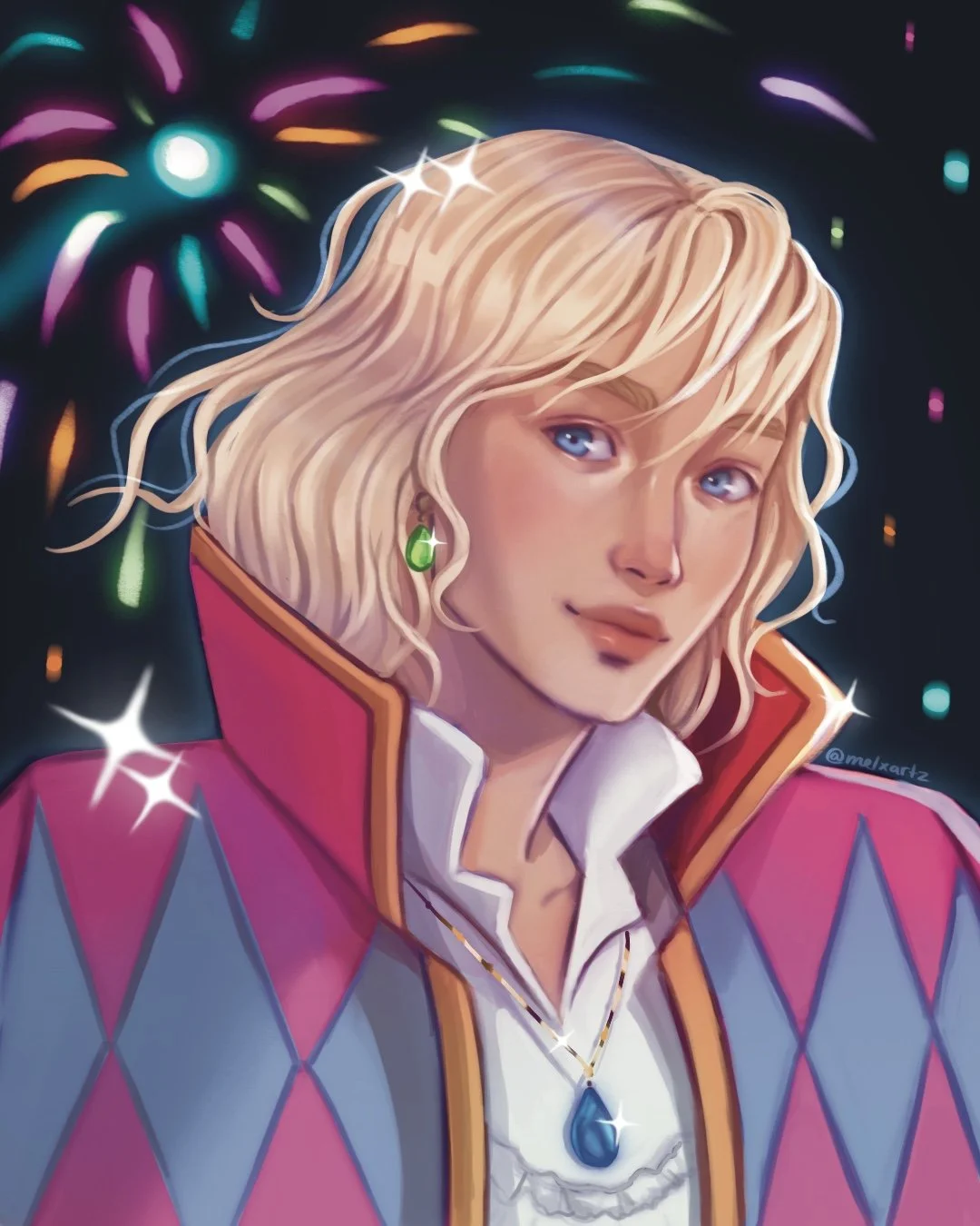 Digital illustration of a blonde woman with wavy hair, blue eyes, and a confident expression, wearing a colorful jacket with a high collar and a large blue gemstone necklace, with fireworks in the background.