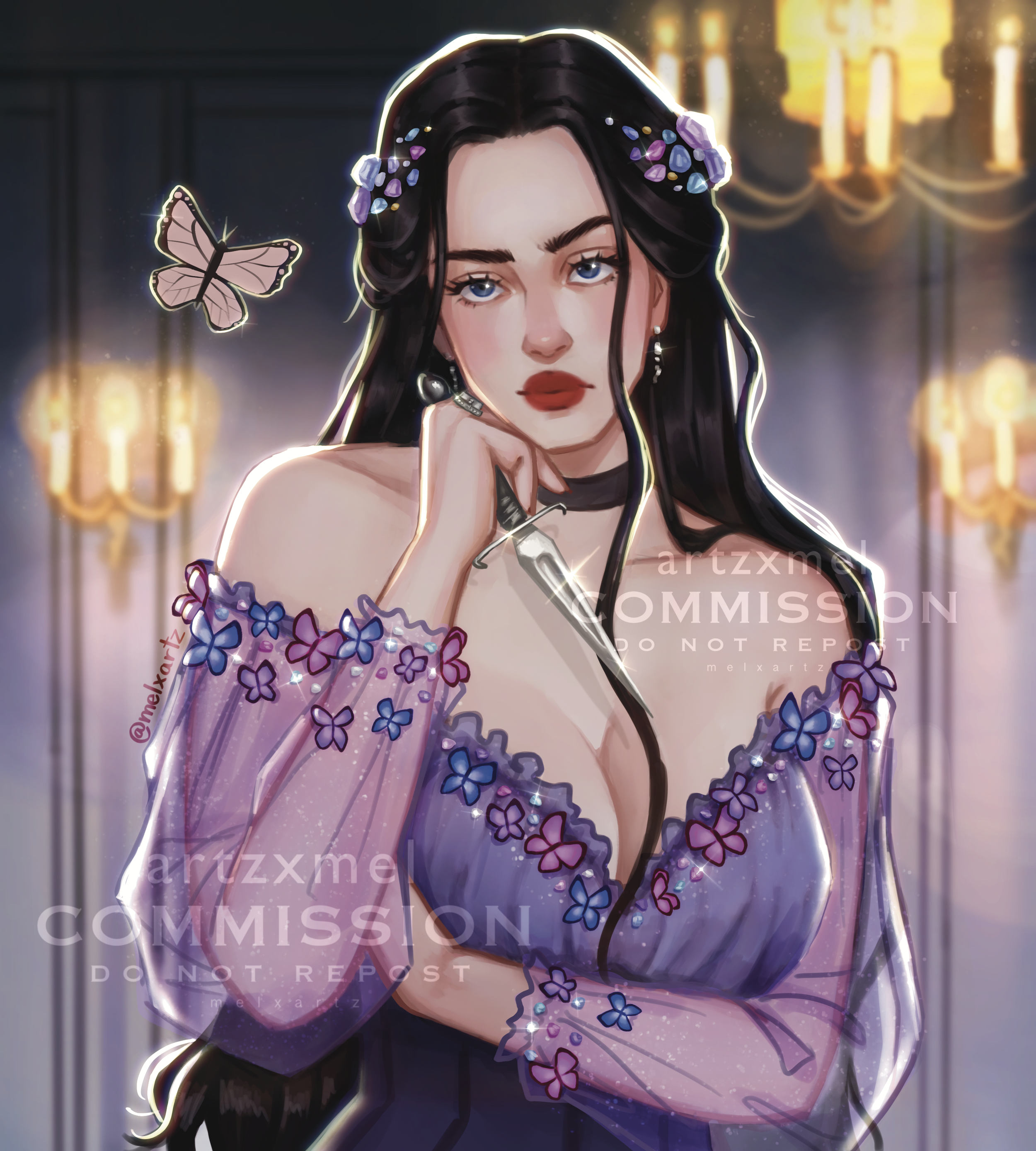 Custom character art Commission of a woman with long black hair, wearing a purple off-shoulder dress with butterfly details, holding a syringe, with a butterfly nearby and a chandelier in the background.