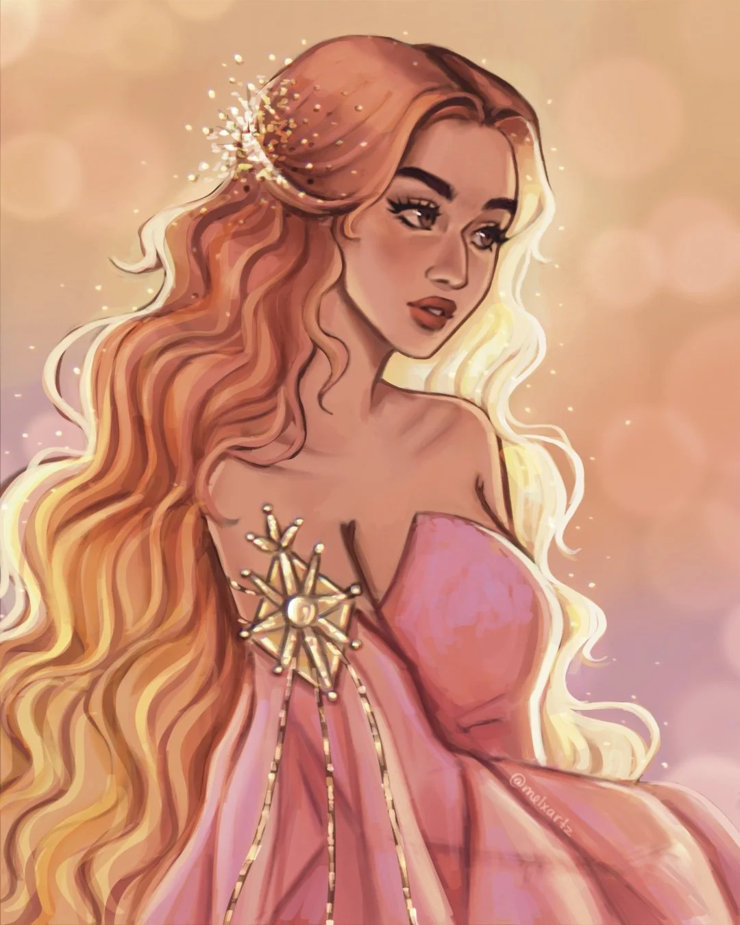 Digital art of a woman with long, wavy, reddish-blonde hair wearing a pink off-shoulder dress. She has a decorative gold star-shaped brooch on her dress, and her expression is calm with a slight smile. The background is soft and glowing with warm pas