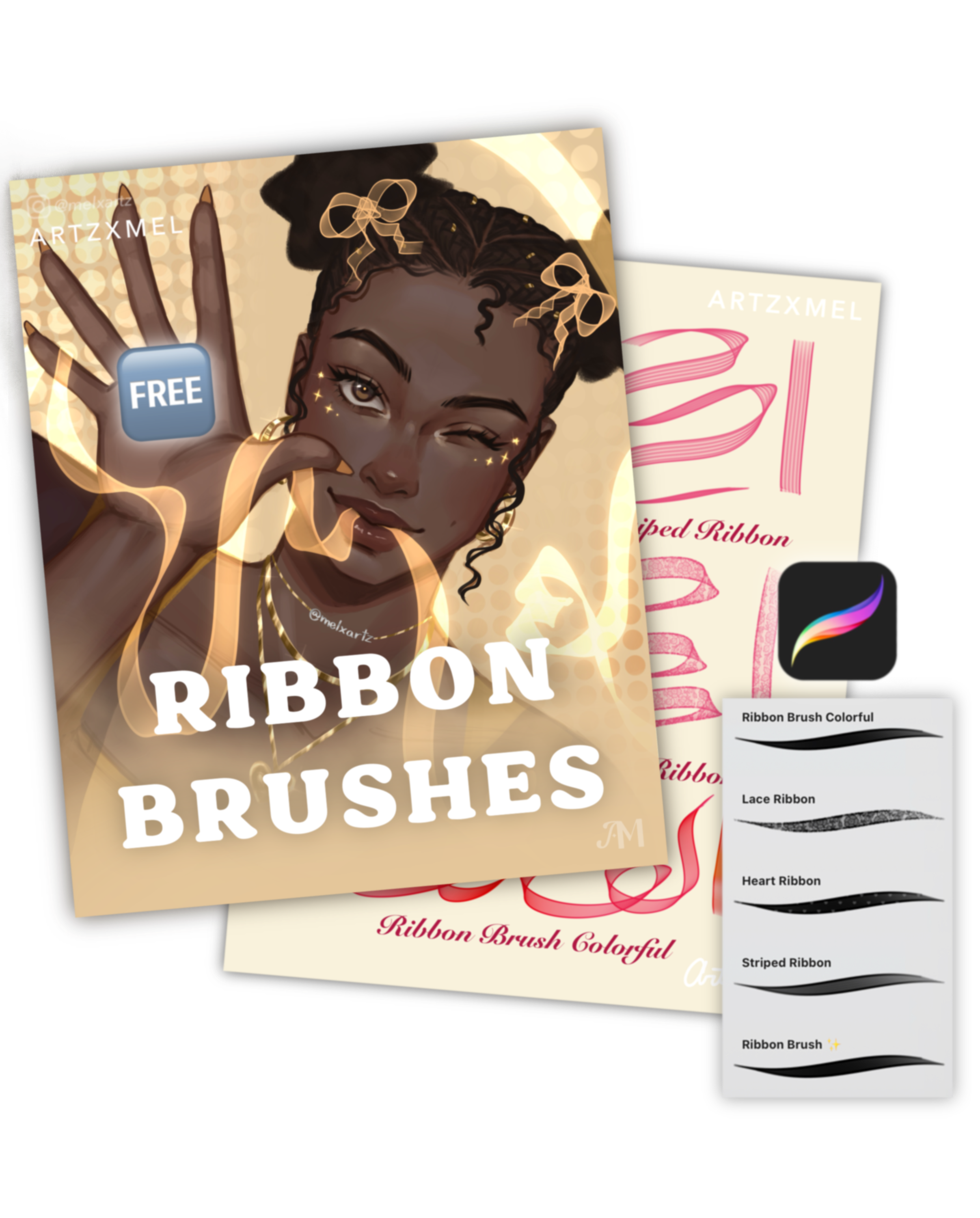 Digital illustration of a woman with dark skin and curly hair styled in buns, winking. The text overlay reads 'Ribbon Brushes'. There are also images of ribbon brush designs and brushes for digital art software.