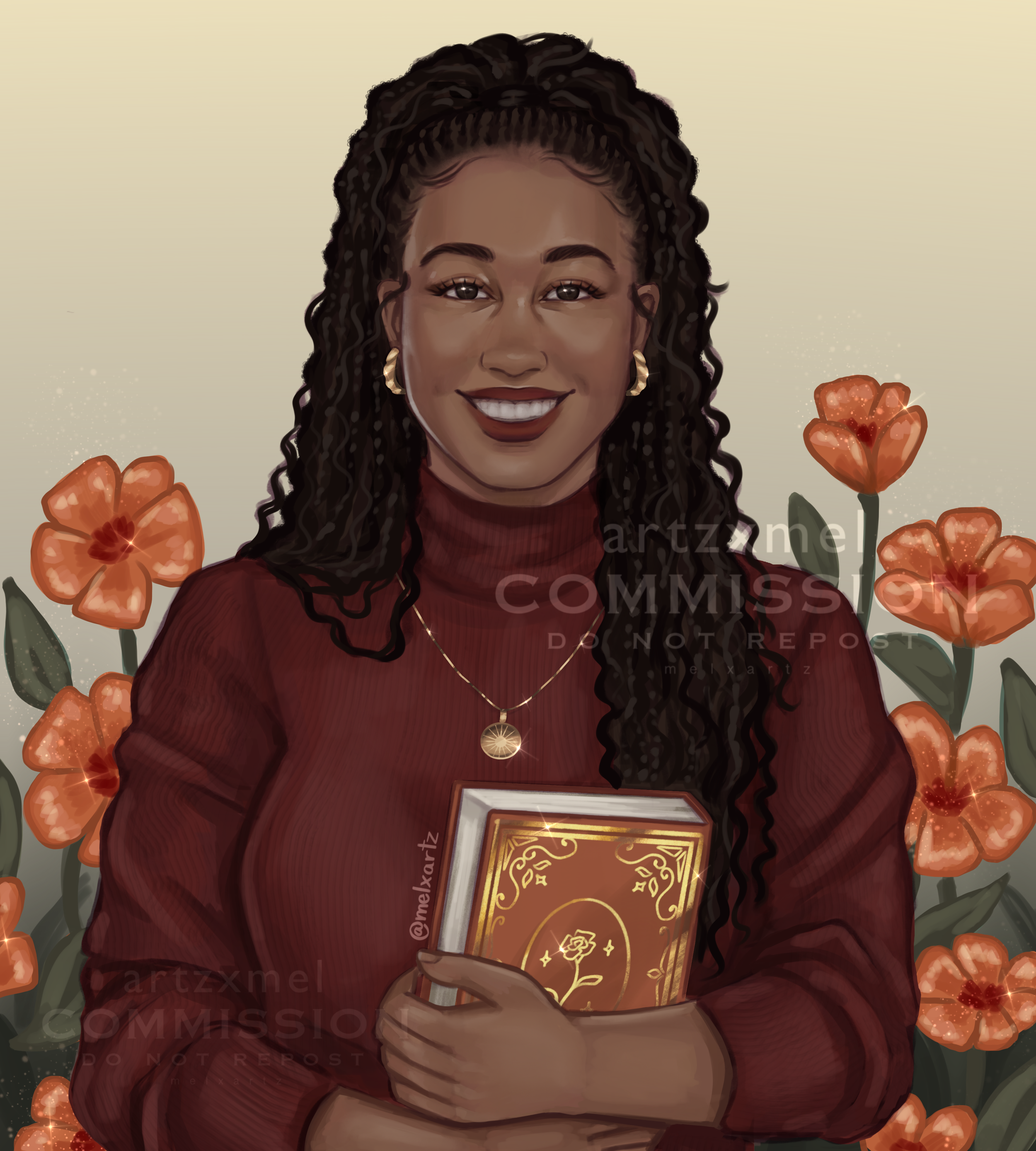 Character art commission of a smiling woman with dark curly hair, wearing a red turtleneck sweater and holding a decorative book adorned with gold. She is surrounded by orange flowers against a neutral background.
