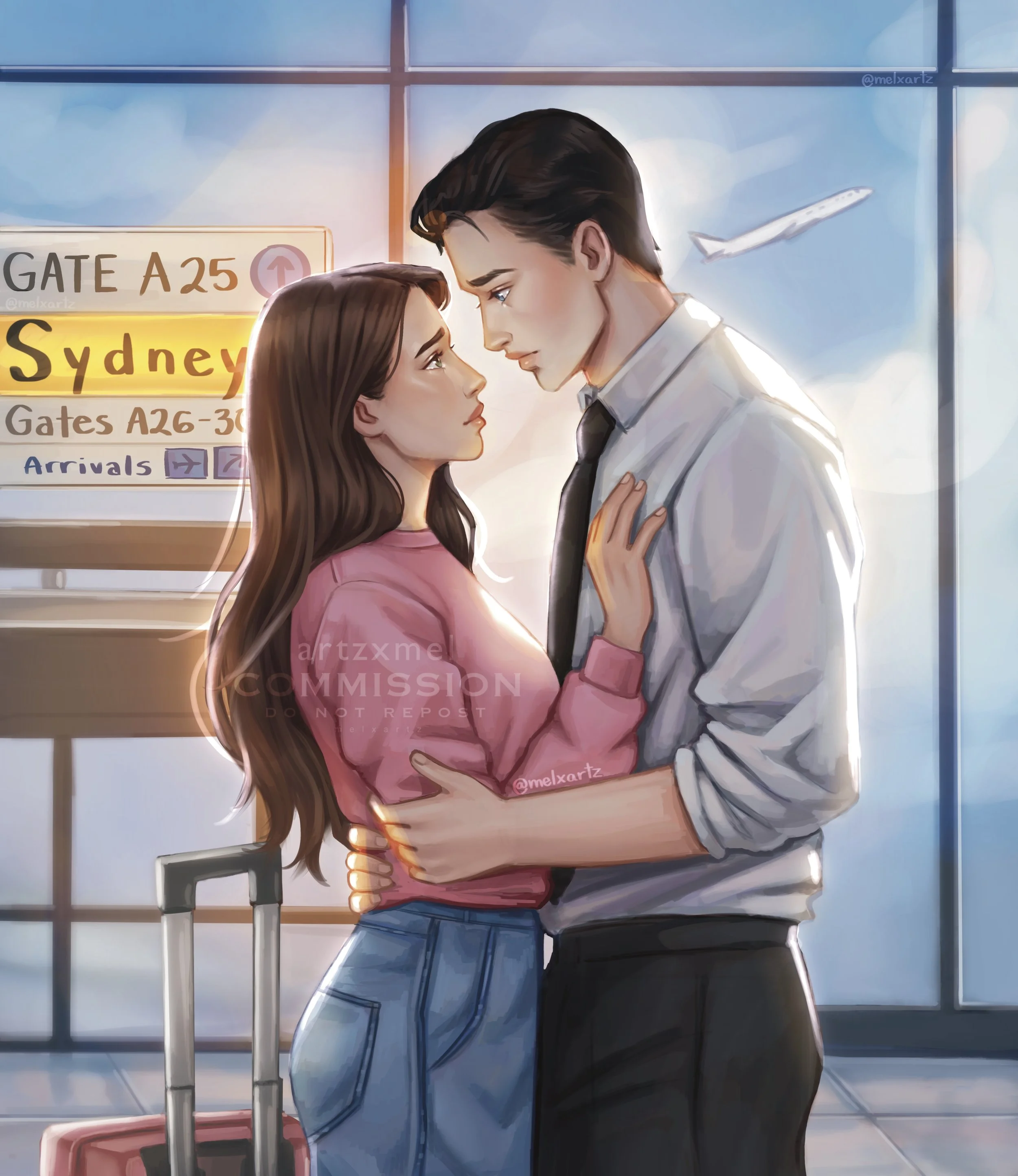 Custom character art Commission of a young couple in an airport terminal, standing close and gazing into each other's eyes. The woman has long brown hair, is wearing a pink top and jeans, and has a rolling suitcase beside her. 