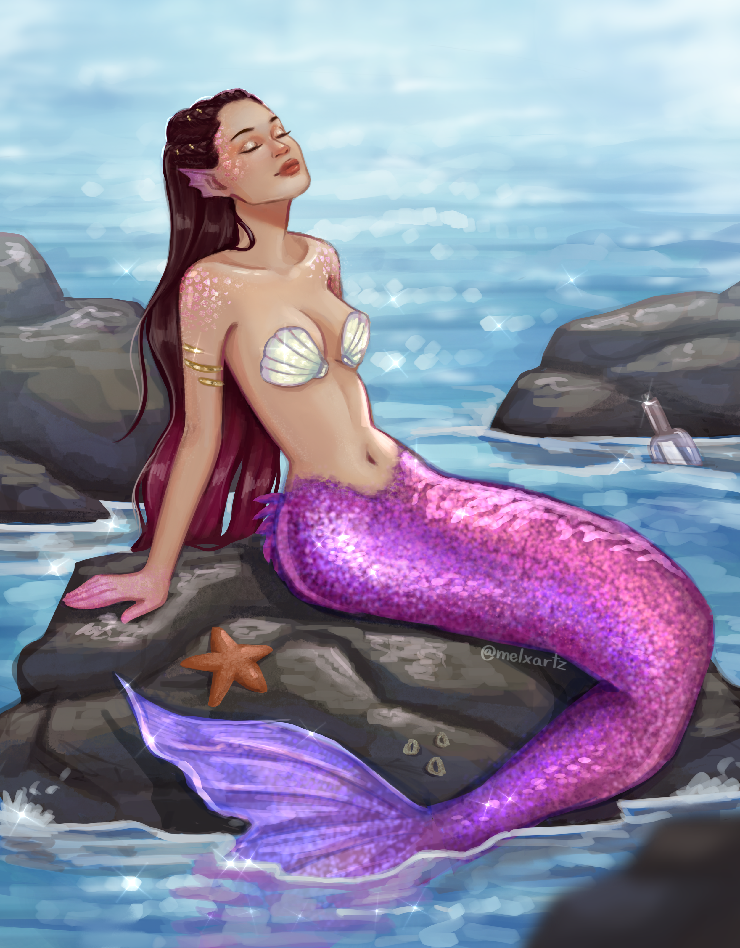 A digital illustration of a mermaid with long dark hair, closed eyes, and pink and purple scales, sitting on a rock by the ocean with seashells and starfish around.