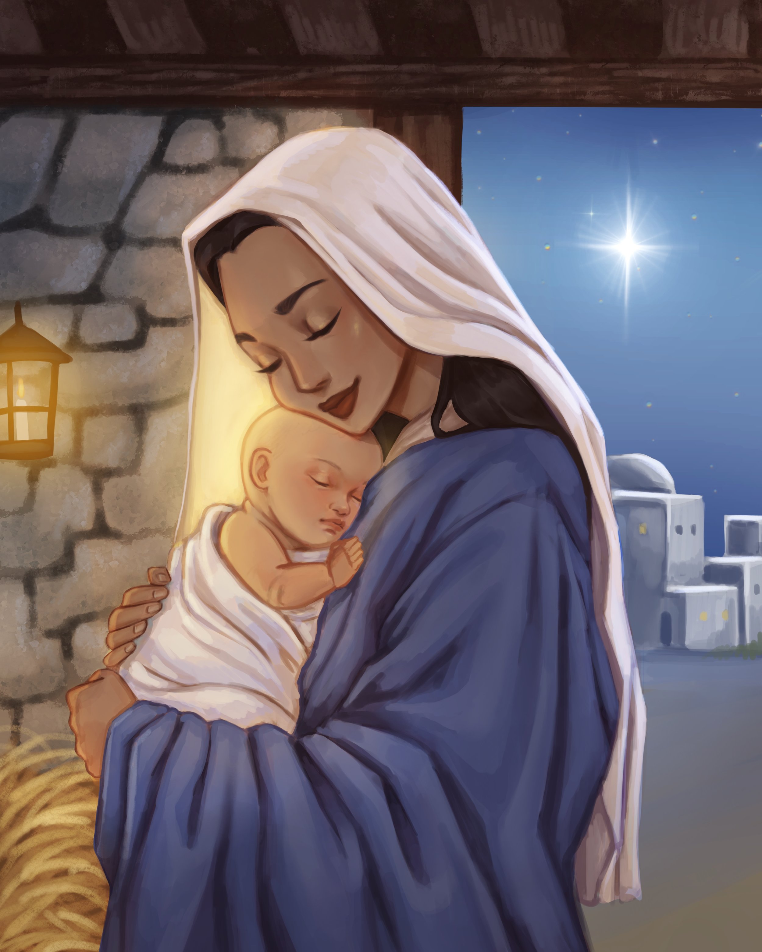 A woman dressed in blue and with a white head covering tenderly holding a sleeping baby wrapped in white cloth inside a stable. There is a lit lantern on the stone wall to the left, and a starry night sky with a bright star visible through the window