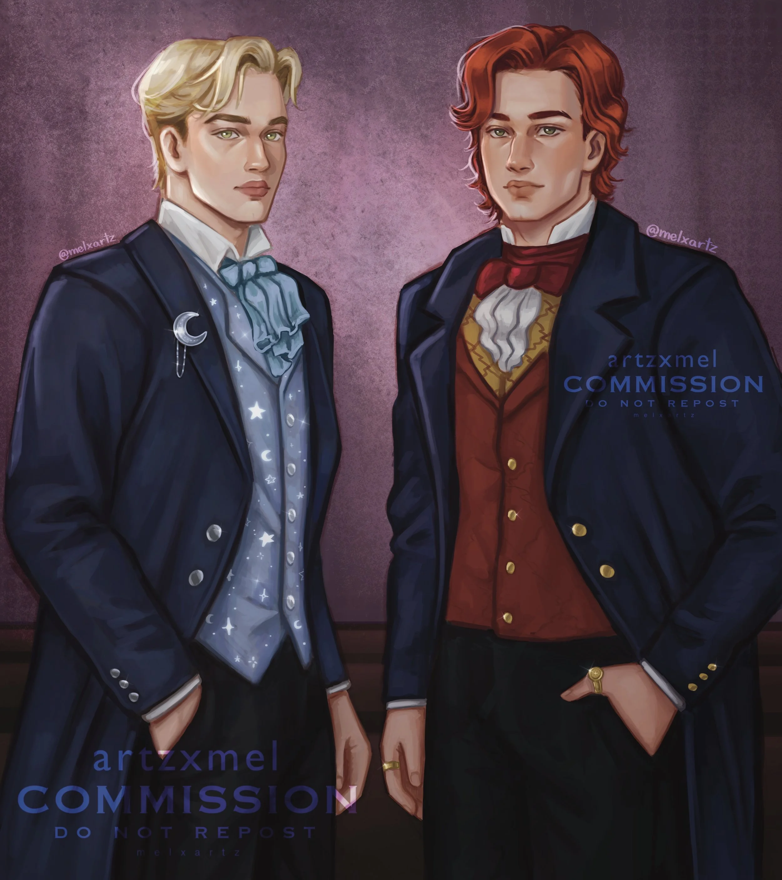 Digital illustration of two young men dressed in formal Victorian-era attire, posing with a plain purple background. | Made by Artzxmel