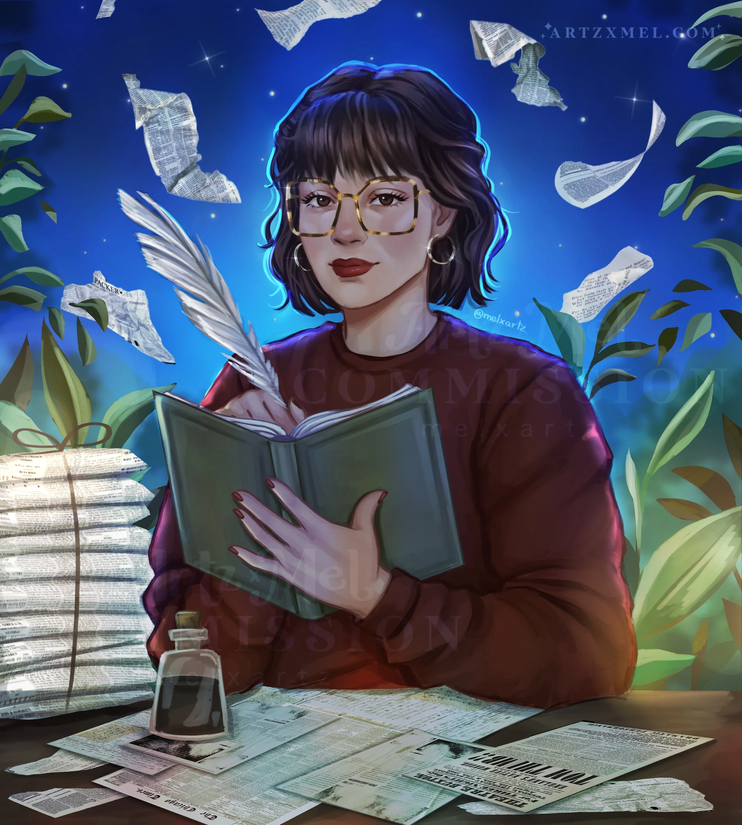 Custom Author portrait commission of a young woman writing on a book with a feather pen.