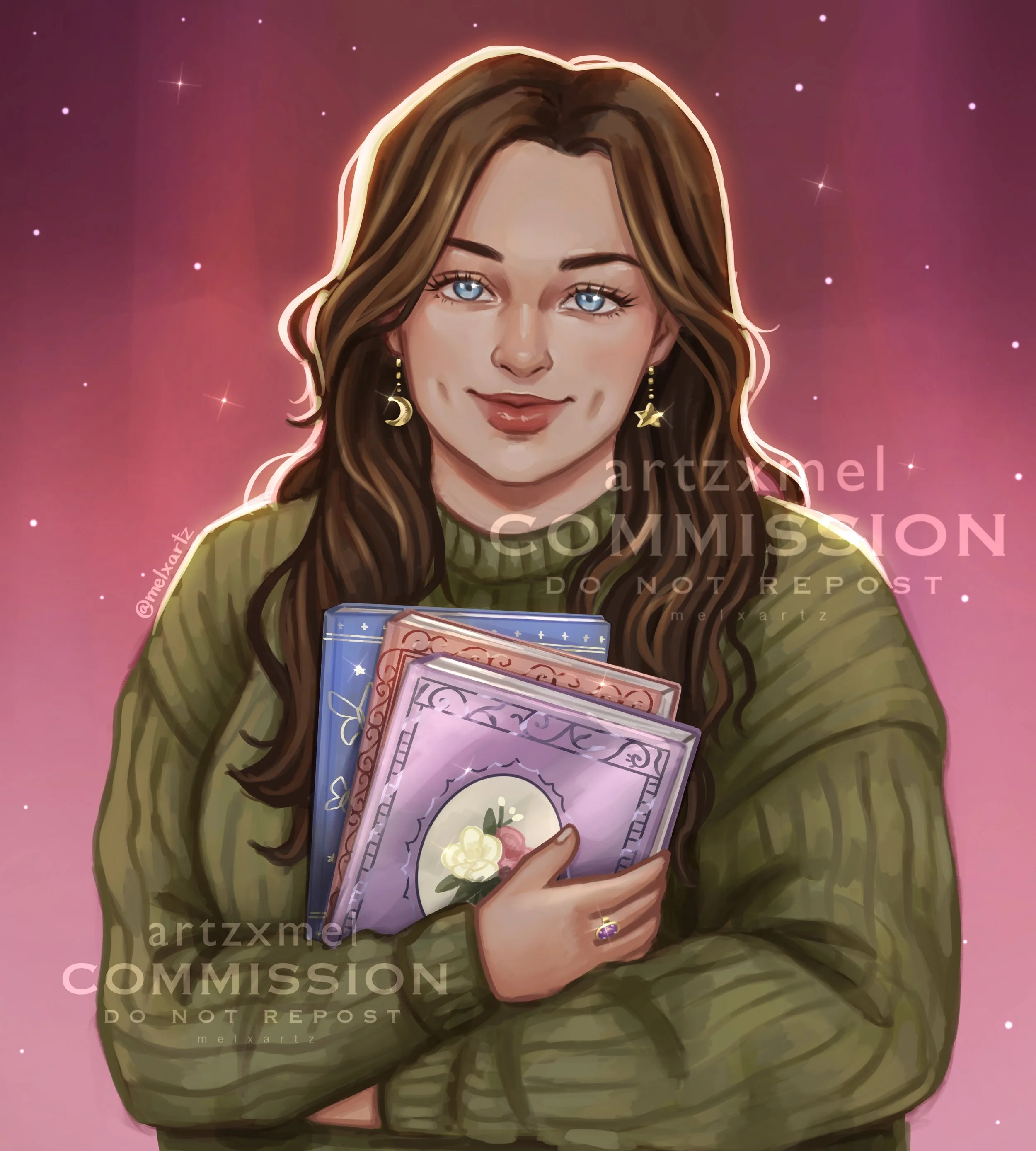A digital drawing of a young woman with long brown hair, blue eyes, and a confident smile, wearing an olive-green sweater and star and moon earrings, holding colorful notebooks against a pink and purple starry background. | Made by Artzxmel