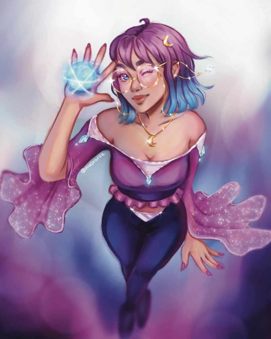 Character art commission of a young woman with purple and blue hair, wearing glasses, with moon and star jewelry, blowing a glowing blue orb, dressed in a purple off-shoulder top with sparkly cape, and posing playfully.