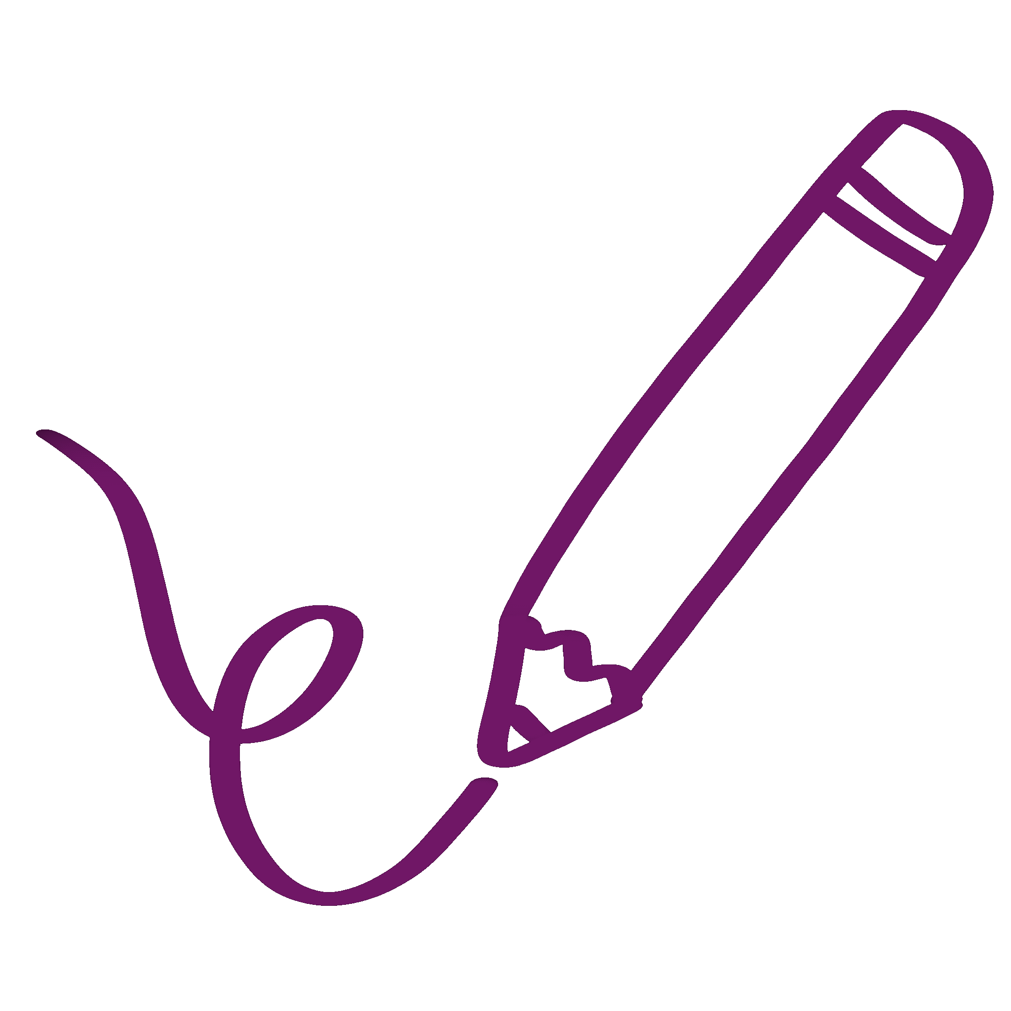 A purple outline drawing of a hand holding a pencil, with the sketch of a heart near the pencil tip.
