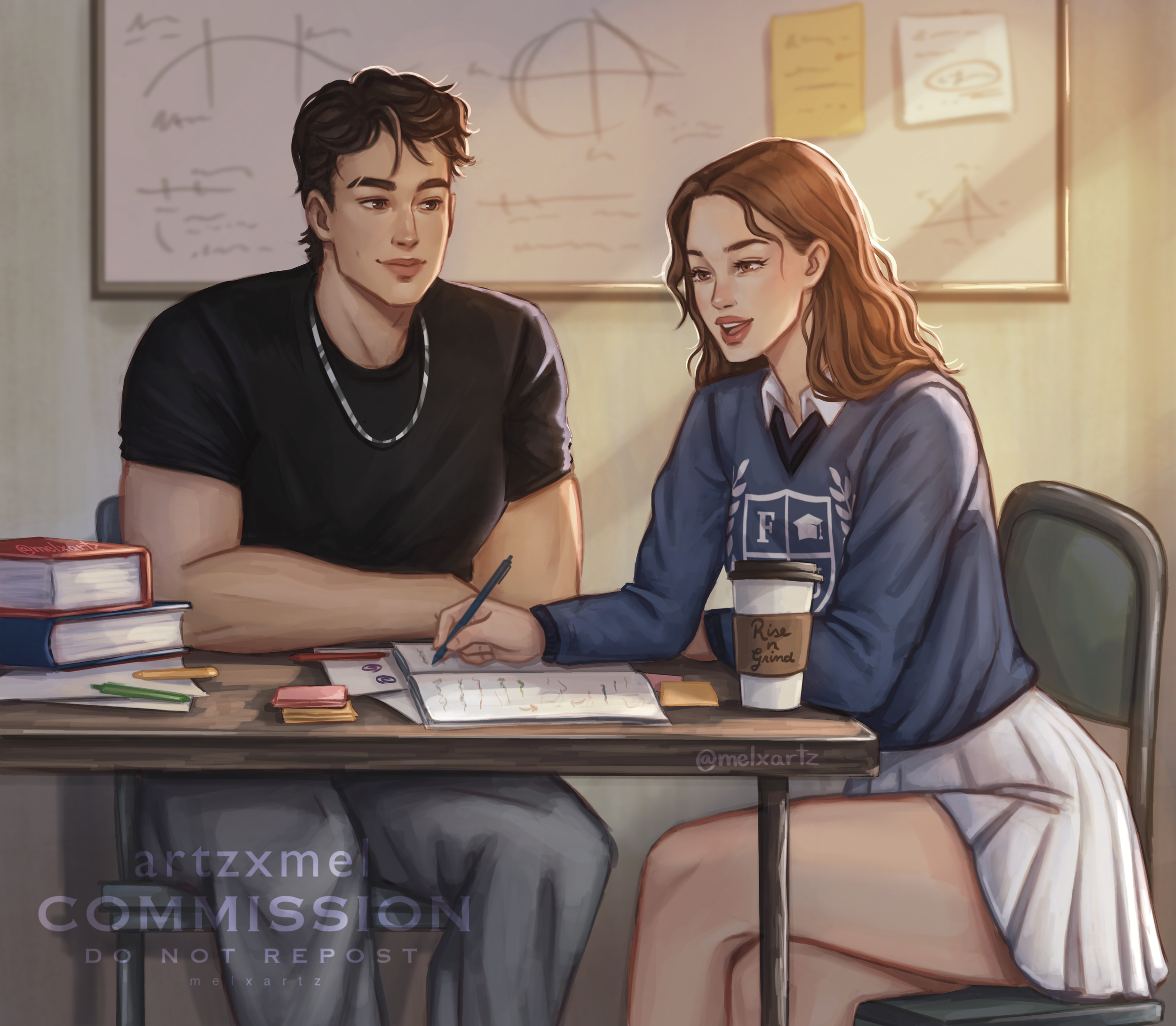Character art commission of a young man and woman sit at a desk in a classroom, studying and discussing notes. The woman has red hair and wears a school uniform with a sweater, while the man has dark hair and wears a black t-shirt.