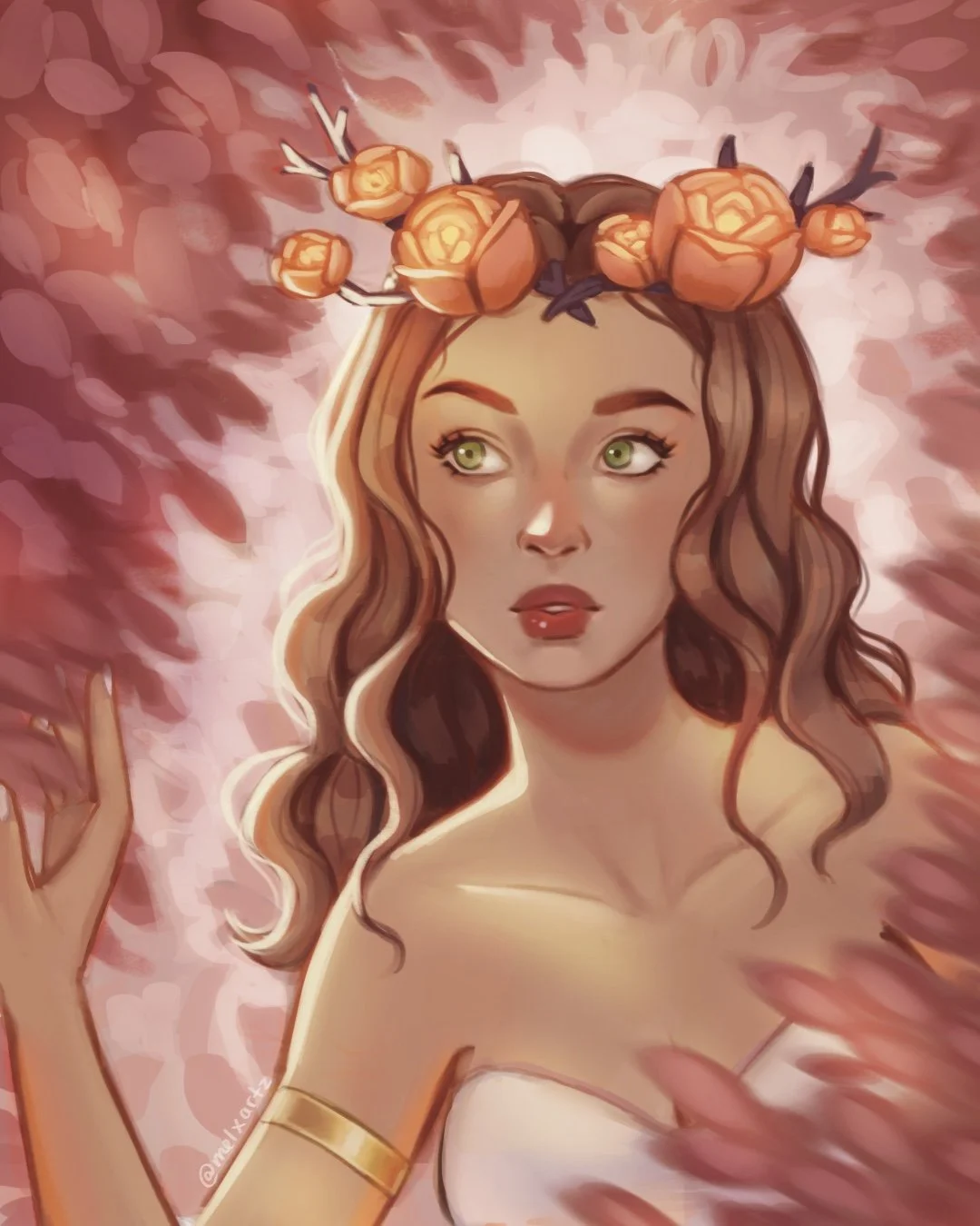 A digital painting of a woman with long, wavy brown hair and light green eyes, wearing a floral crown of orange roses and holding a branch with pink petals. She has a pearl band on her arm and a strapless white dress, set against a pink and red blurr