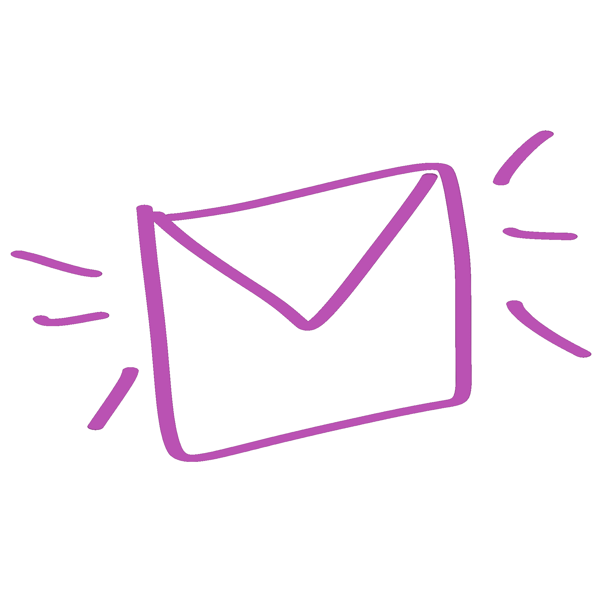 A purple hand-drawn illustration of an envelope with lines radiating outward, suggesting it is emitting a message or notification.