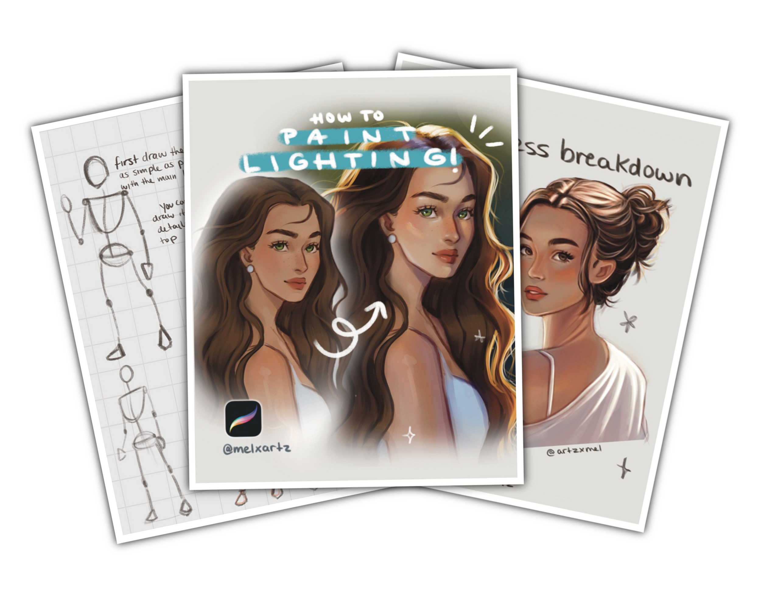 Digital art tutorial sheets and a printed illustration demonstrating painting lighting techniques, featuring a portrait of a woman with long wavy hair, presented on a black background. | Artzxmel
