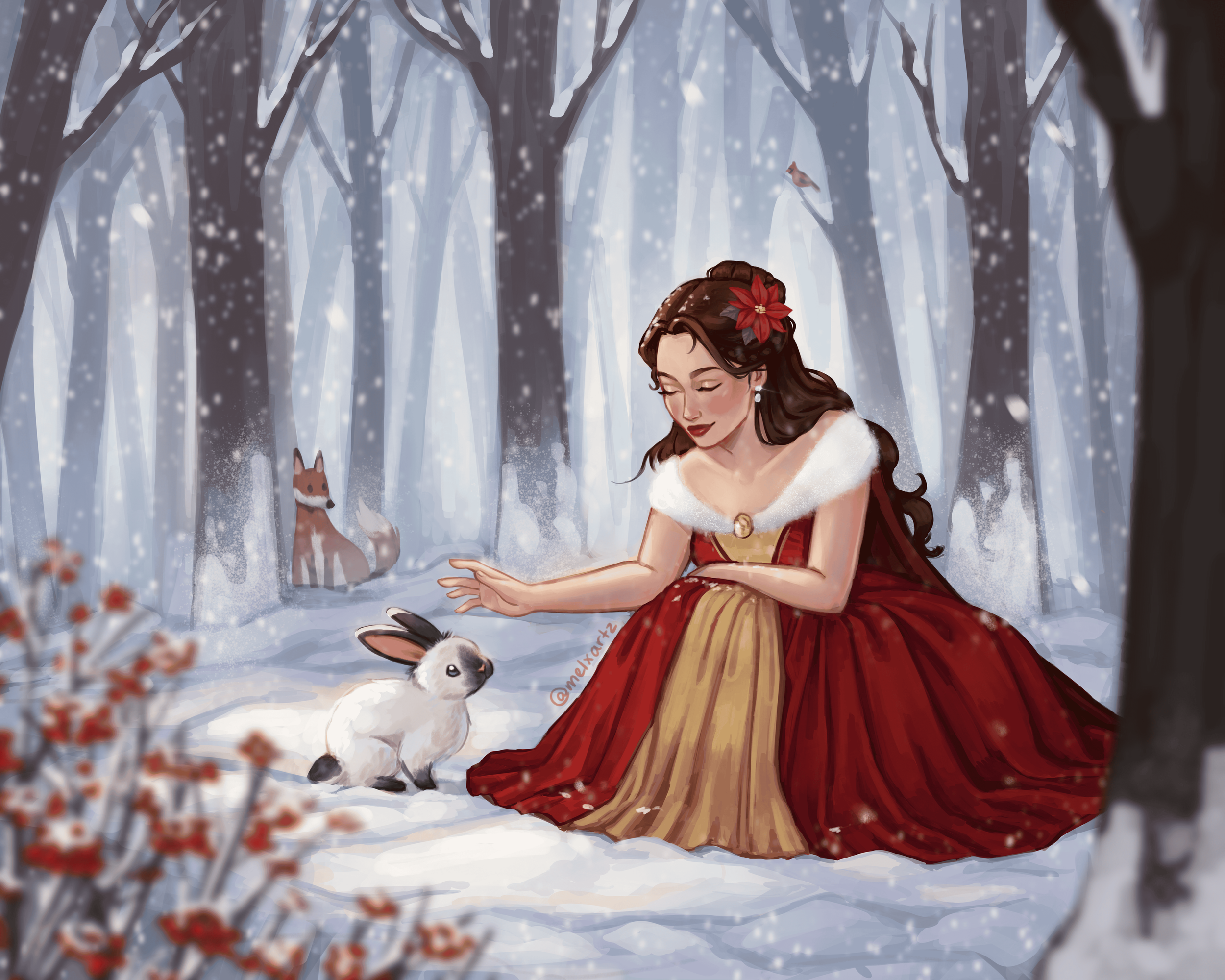 A woman in a red and gold gown with white fur trim sitting in a snow-covered forest, reaching out to a cute white rabbit with black markings. A fox is visible in the background among the trees, and snow is gently falling.