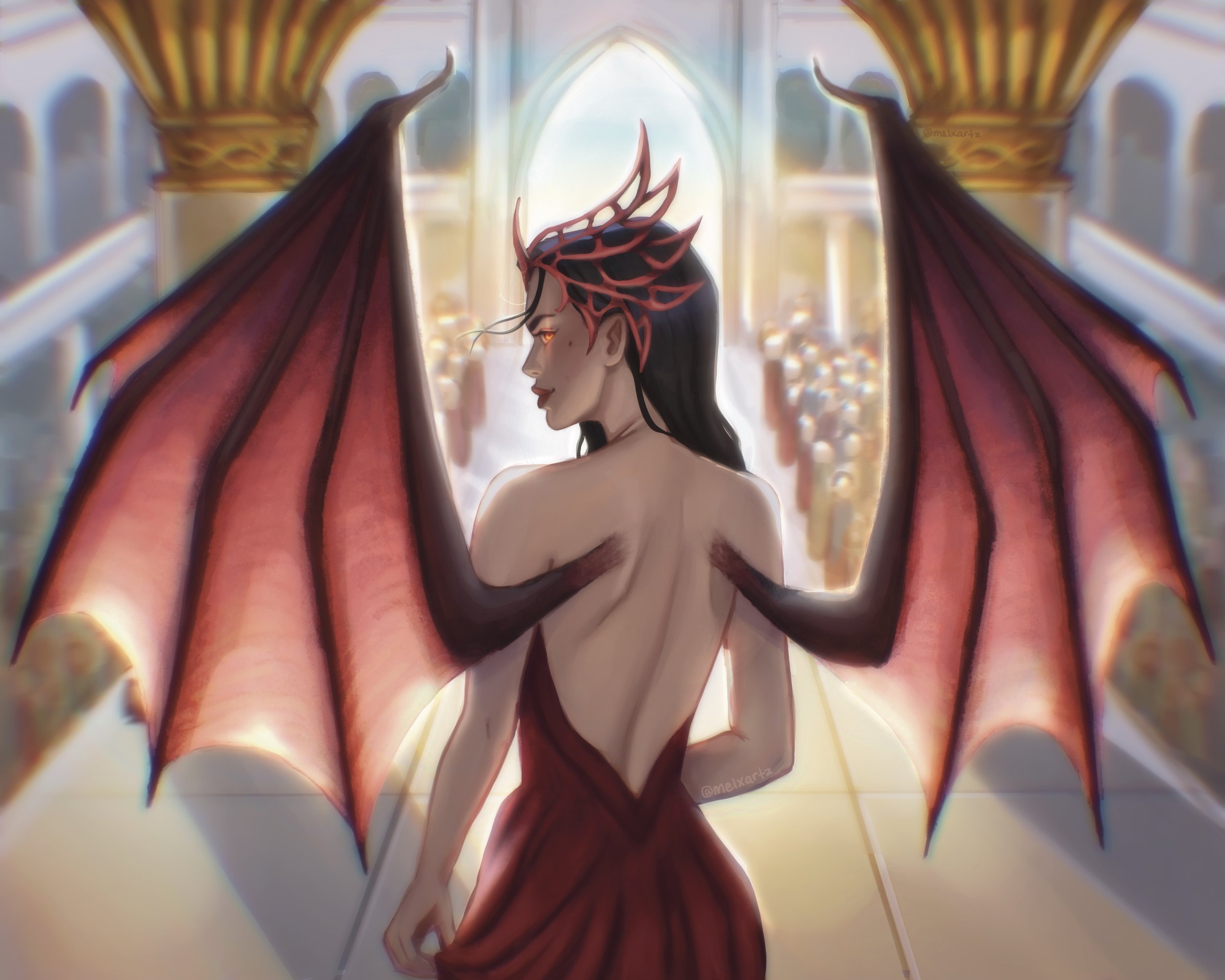 A fantasy creature with red and black dragon-like wings, red horns, and long black hair, stands in a grand hall with a large arched window and a crowd of people in the background.
