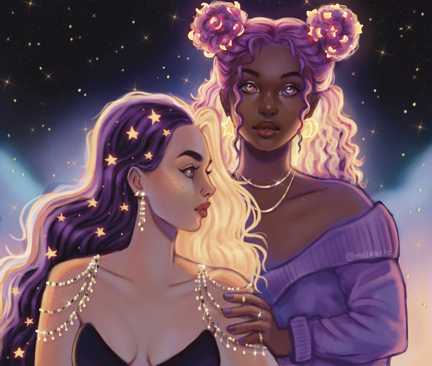 Digital illustration of two women with celestial-themed accessories, set against a starry background. One woman has long purple and blonde hair with star decorations, and the other has long light purple and pink hair styled in buns with glowing star-