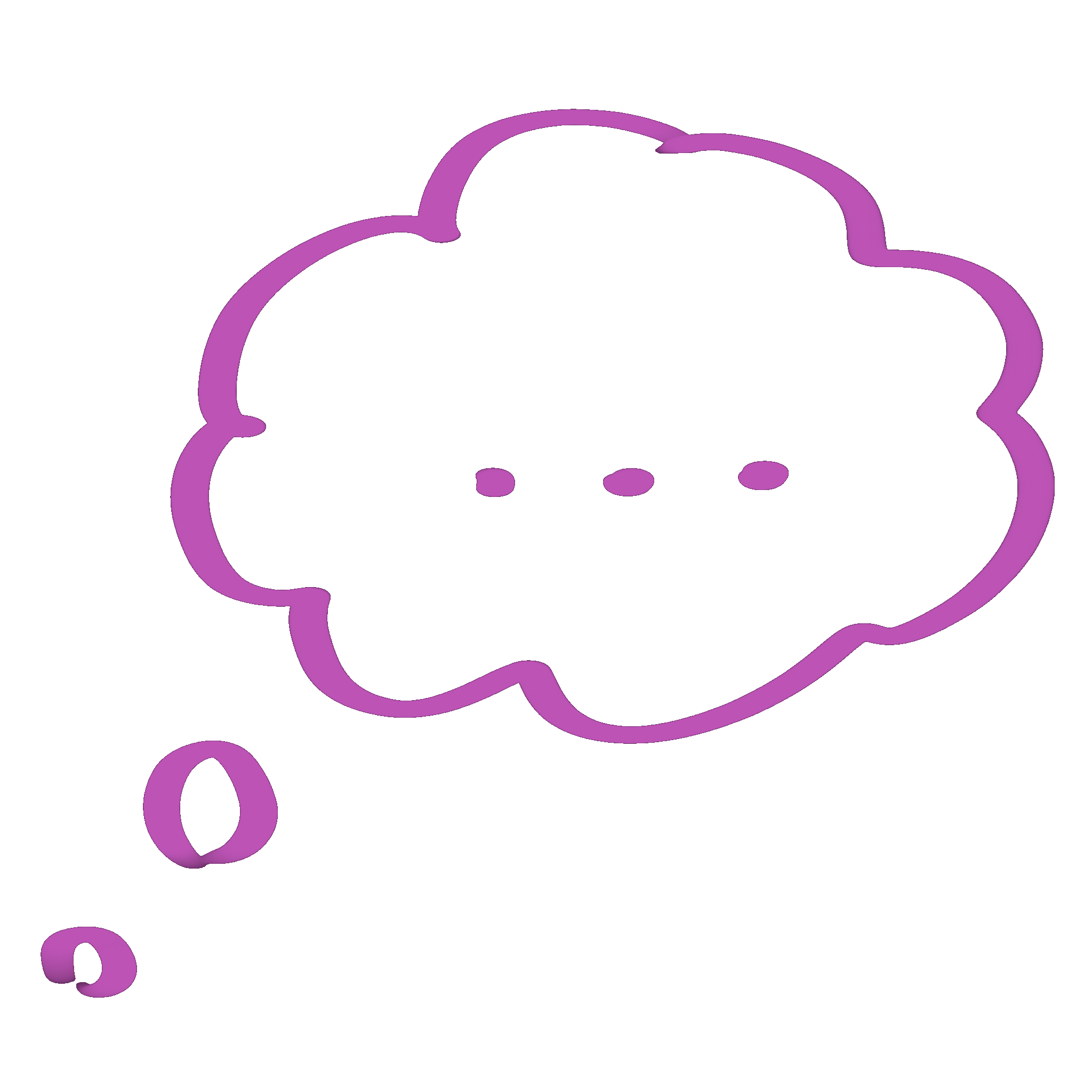 Purple thought bubble outlining a human brain, with three small circles representing thoughts or ideas coming from the brain.