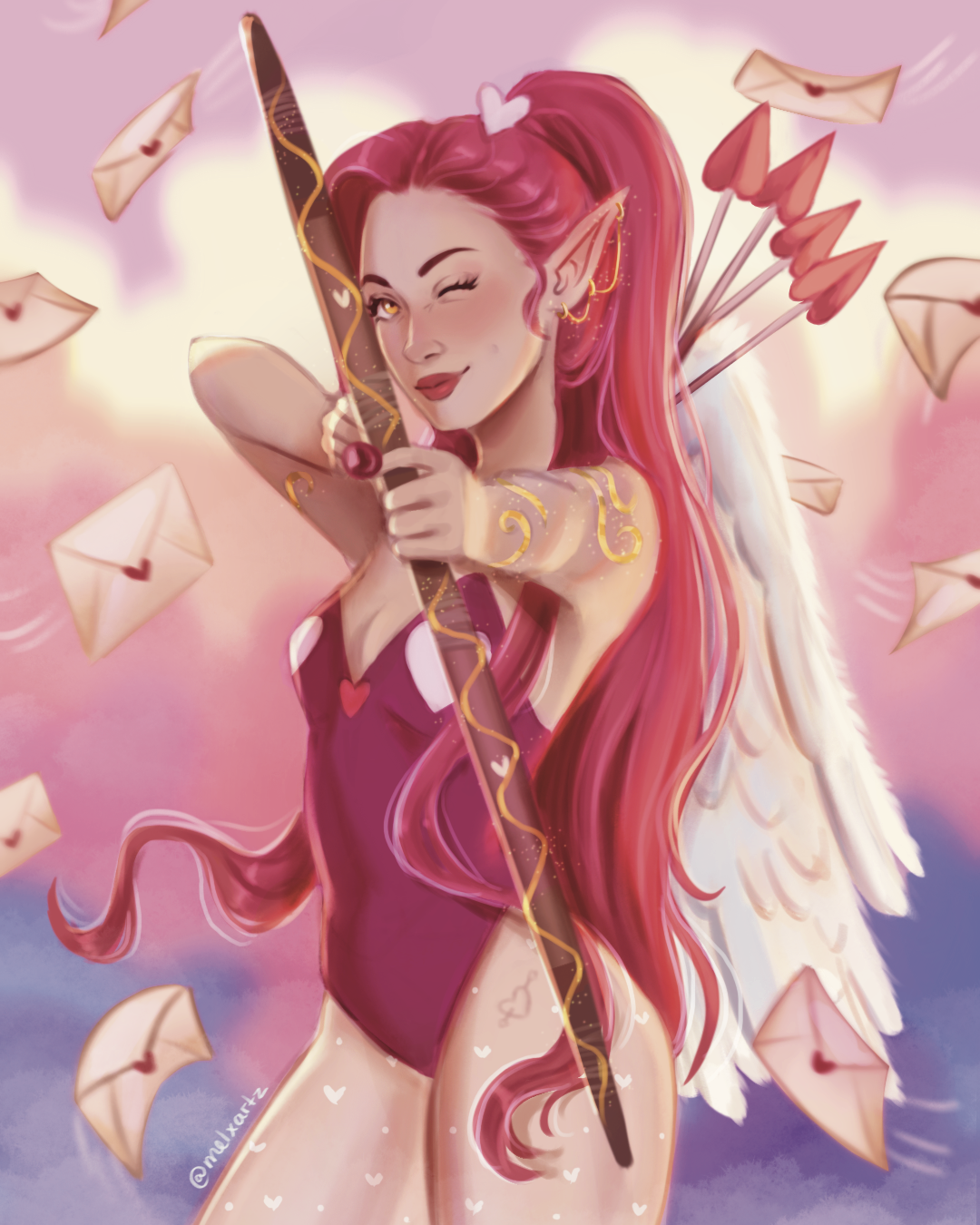 A digital painting of a fantasy-style female elf with long pink hair, holding a large bow and arrow, surrounded by flying love letters with heart symbols,, with pink and purple clouds in the background.