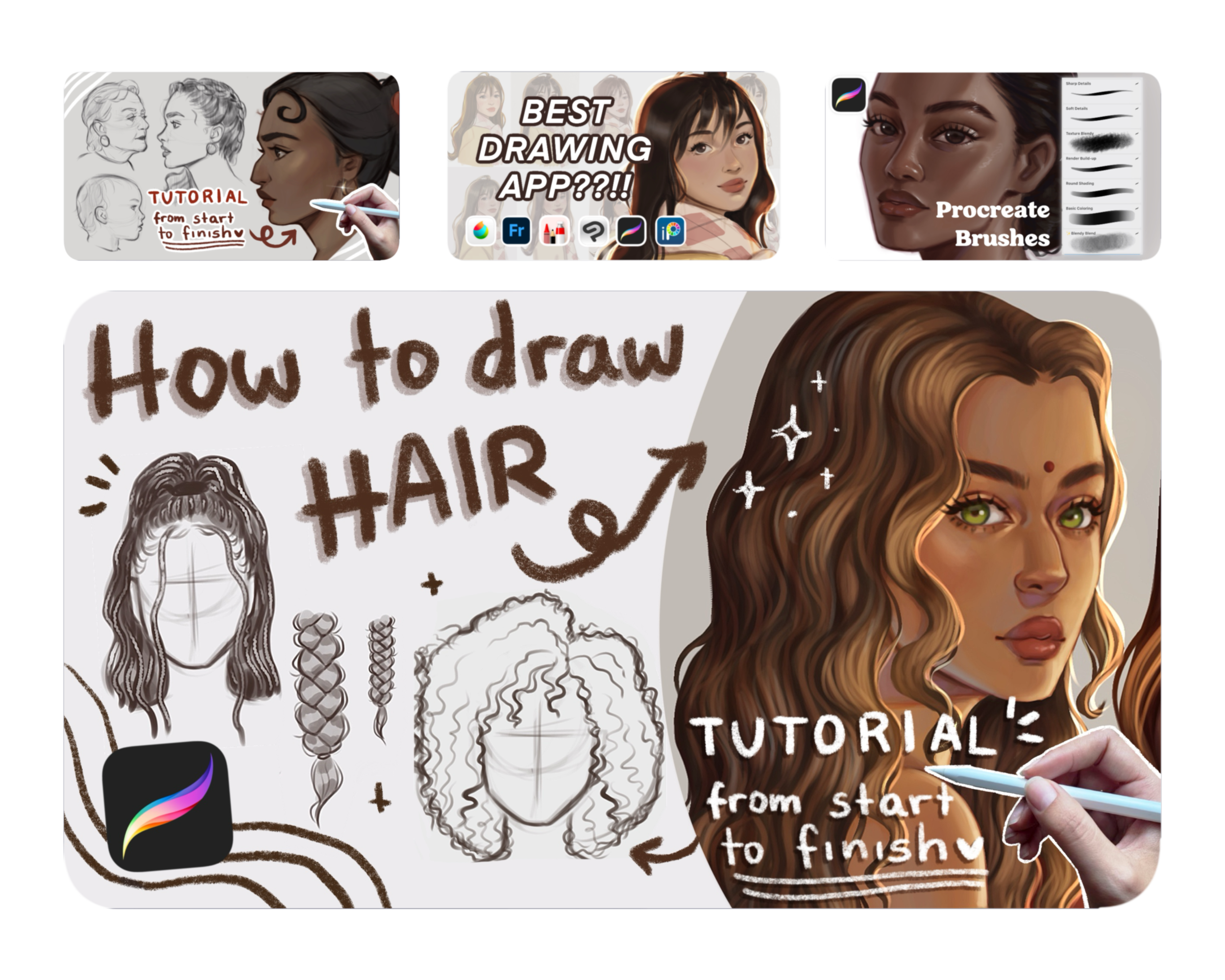 A digital illustration tutorial on how to draw hair, showing different hair styles, with a realistic portrait of a woman with wavy brown hair and green eyes. The text says, 'How to draw HAIR' and 'TUTORIAL from start to finish'. | Artzxmel