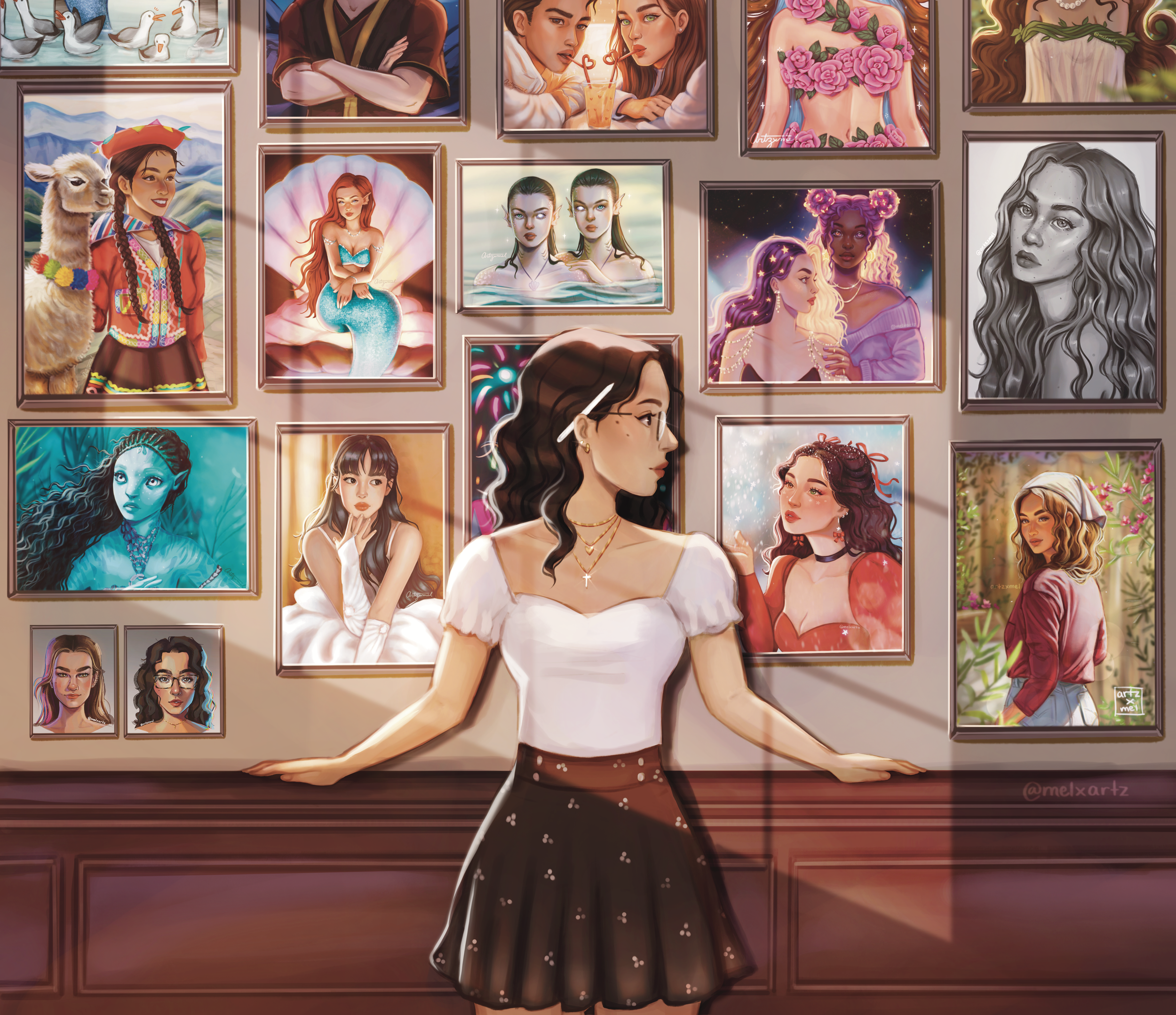 A woman is standing in front of a wall with many framed portraits of women, animals, and fantasy characters. She has long wavy dark hair, glasses, and is wearing a white top and a dark skirt with white specks.
