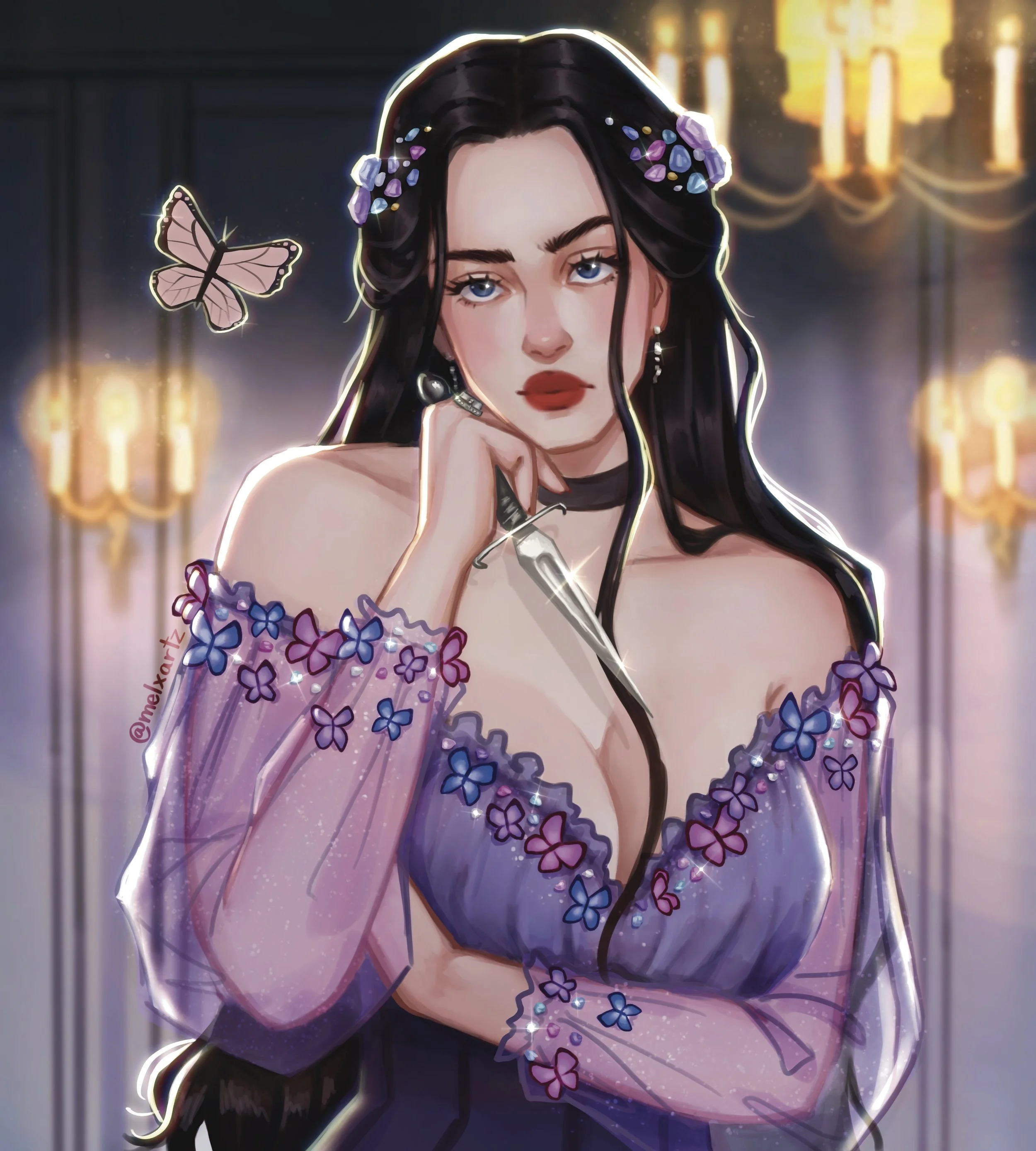 Digital illustration of a woman with long dark hair adorned with purple and blue flowers, holding a dagger to her chin, wearing a purple off-shoulder dress decorated with butterfly patterns, in an elegant room with chandeliers and warm lighting.
