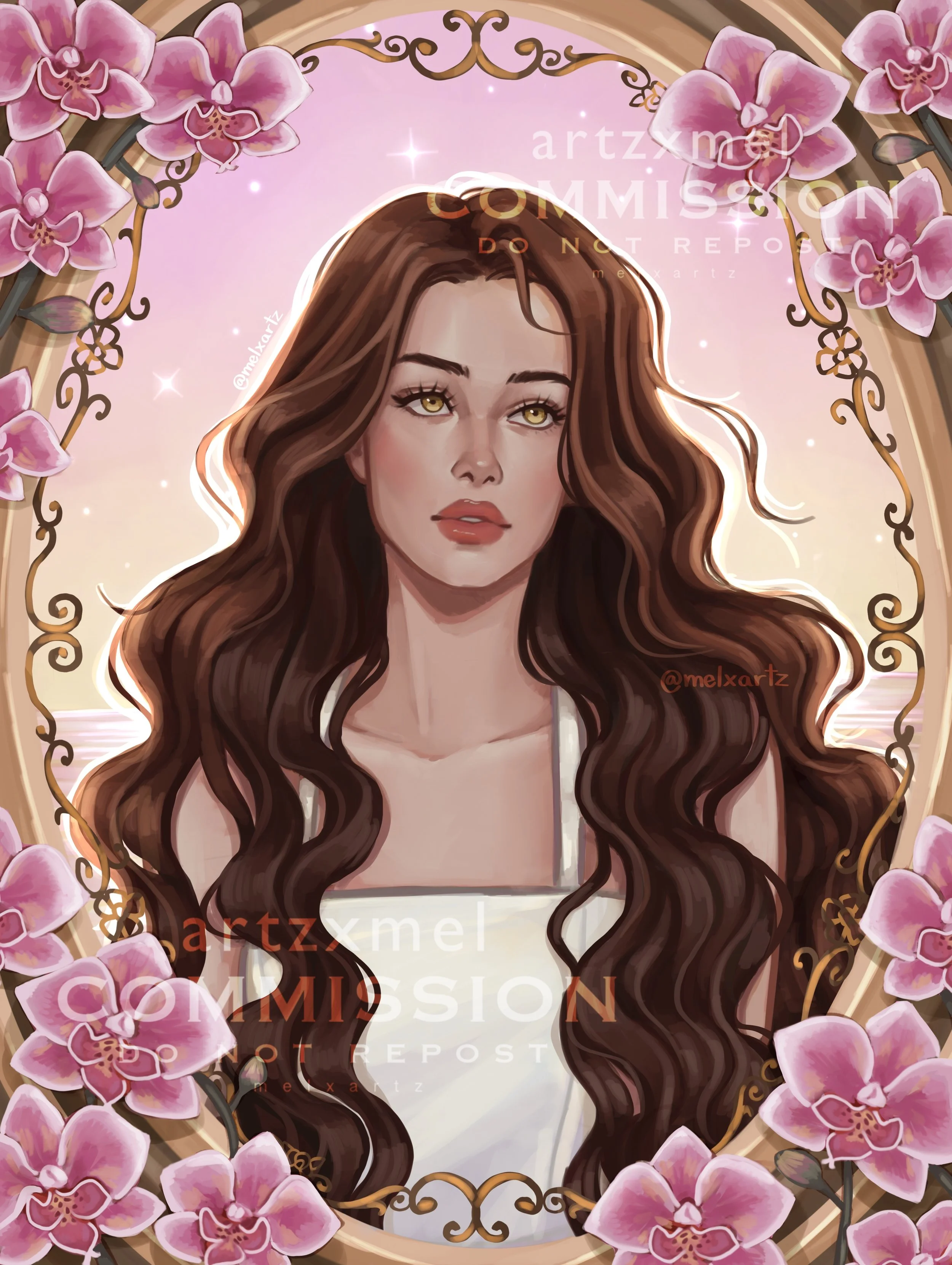 Custom digital art commission of a woman with long wavy brown hair, golden eyes, and light skin, surrounded by pink orchids and golden scrollwork. The background is a pastel pink gradient with sparkles.