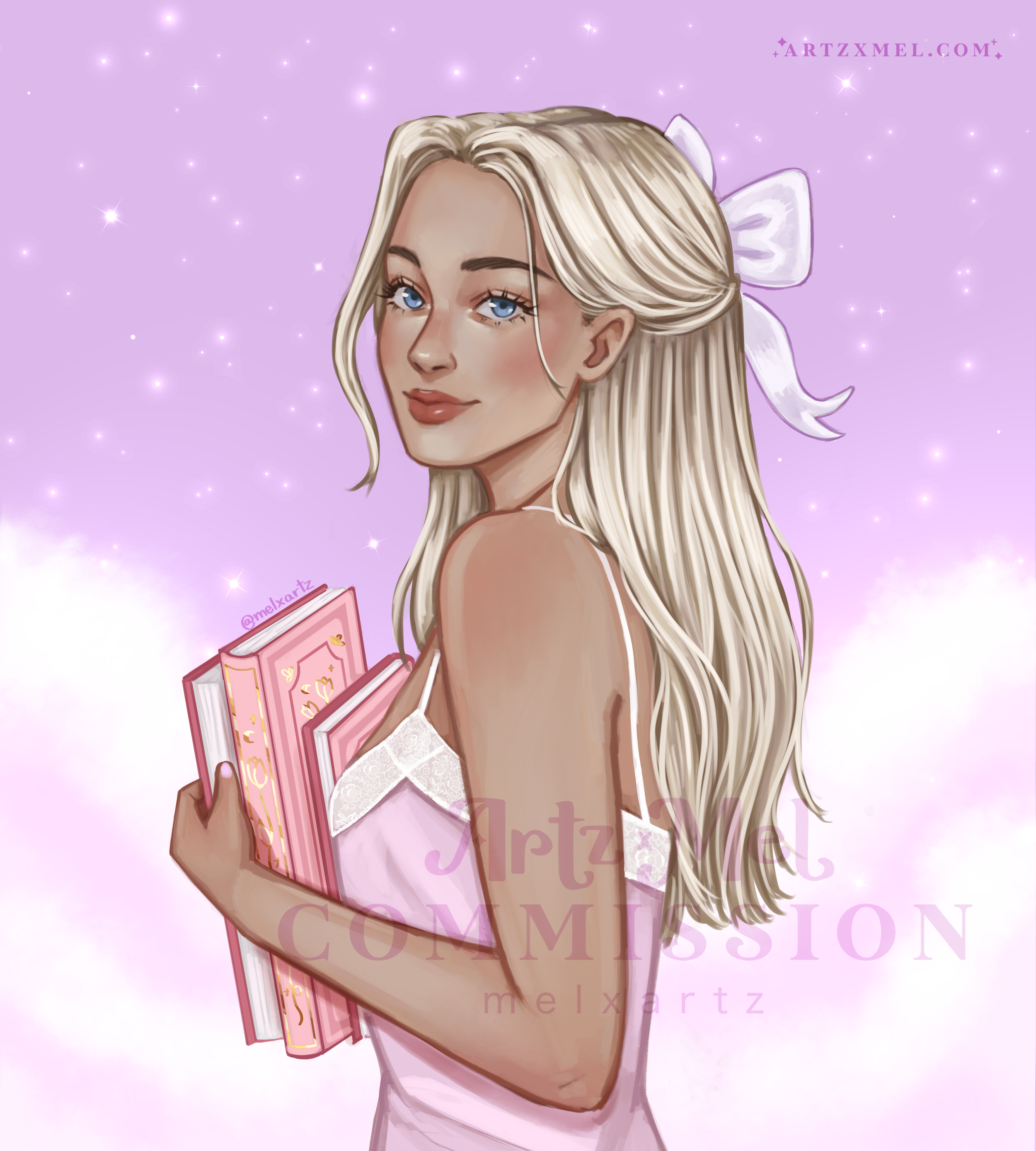 Custom Author portrait commission of a young woman with blond hair and a white bow holding some books.