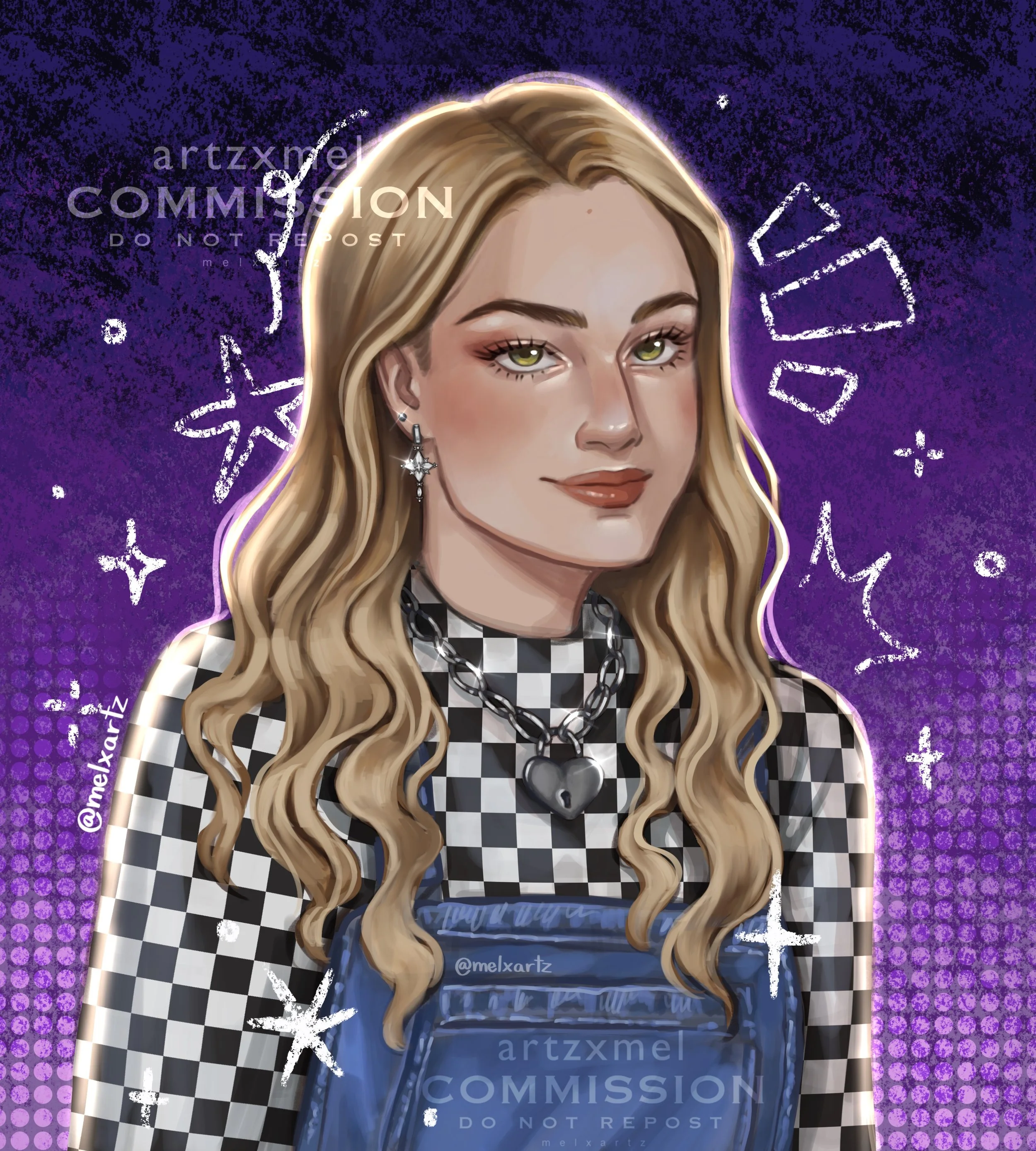 Digital illustration of a young woman with long blonde hair, wearing a black and white checkered shirt under blue overalls, accessorized with star and cross earrings, a chain necklace with a heart-shaped pendant, and looking confidently at the viewer