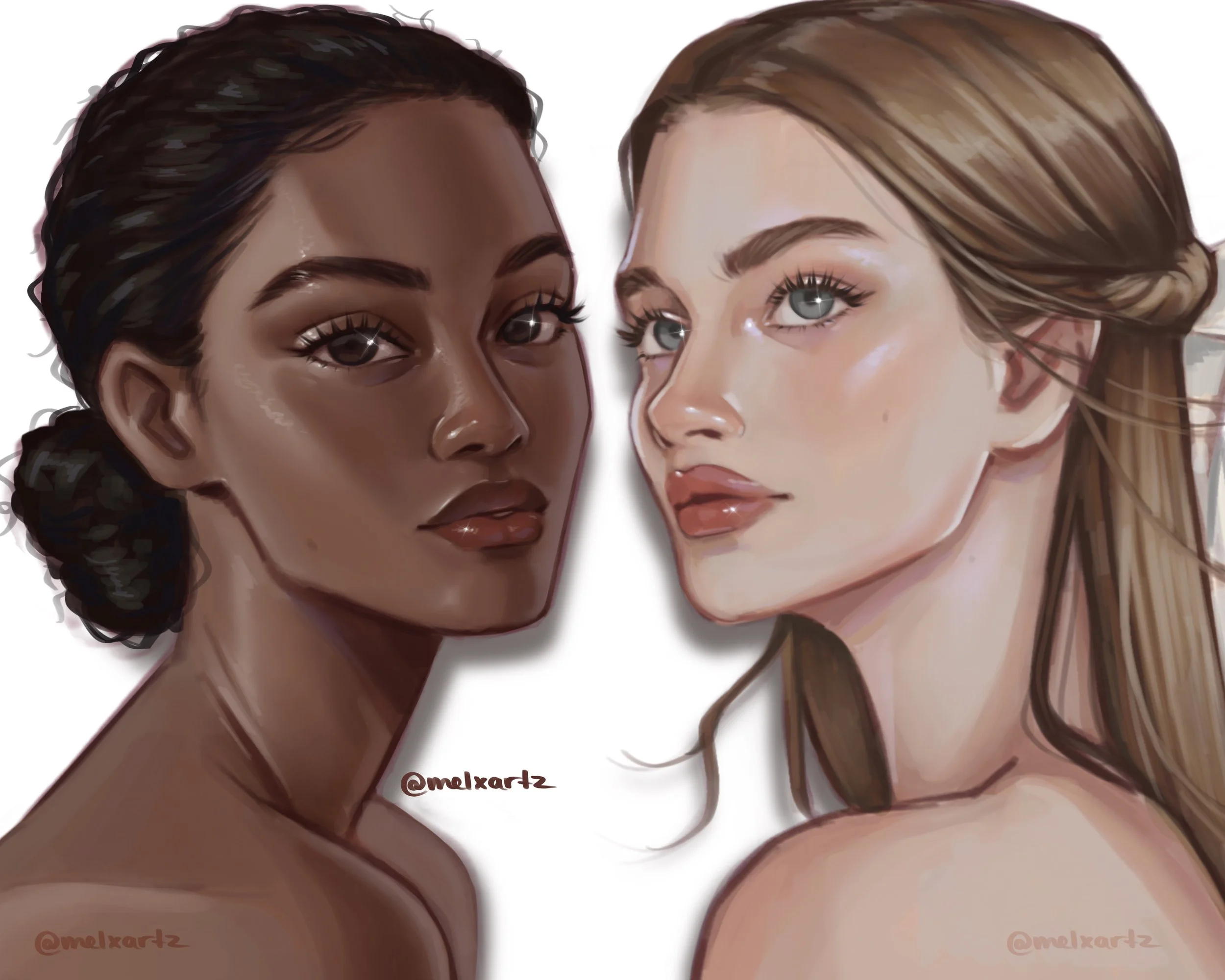 Digital painting of two women with different skin tones and hair colors, facing each other with neutral expressions. One woman has dark skin and black hair styled in a bun, while the other has light skin and light brown hair styled in loose waves.