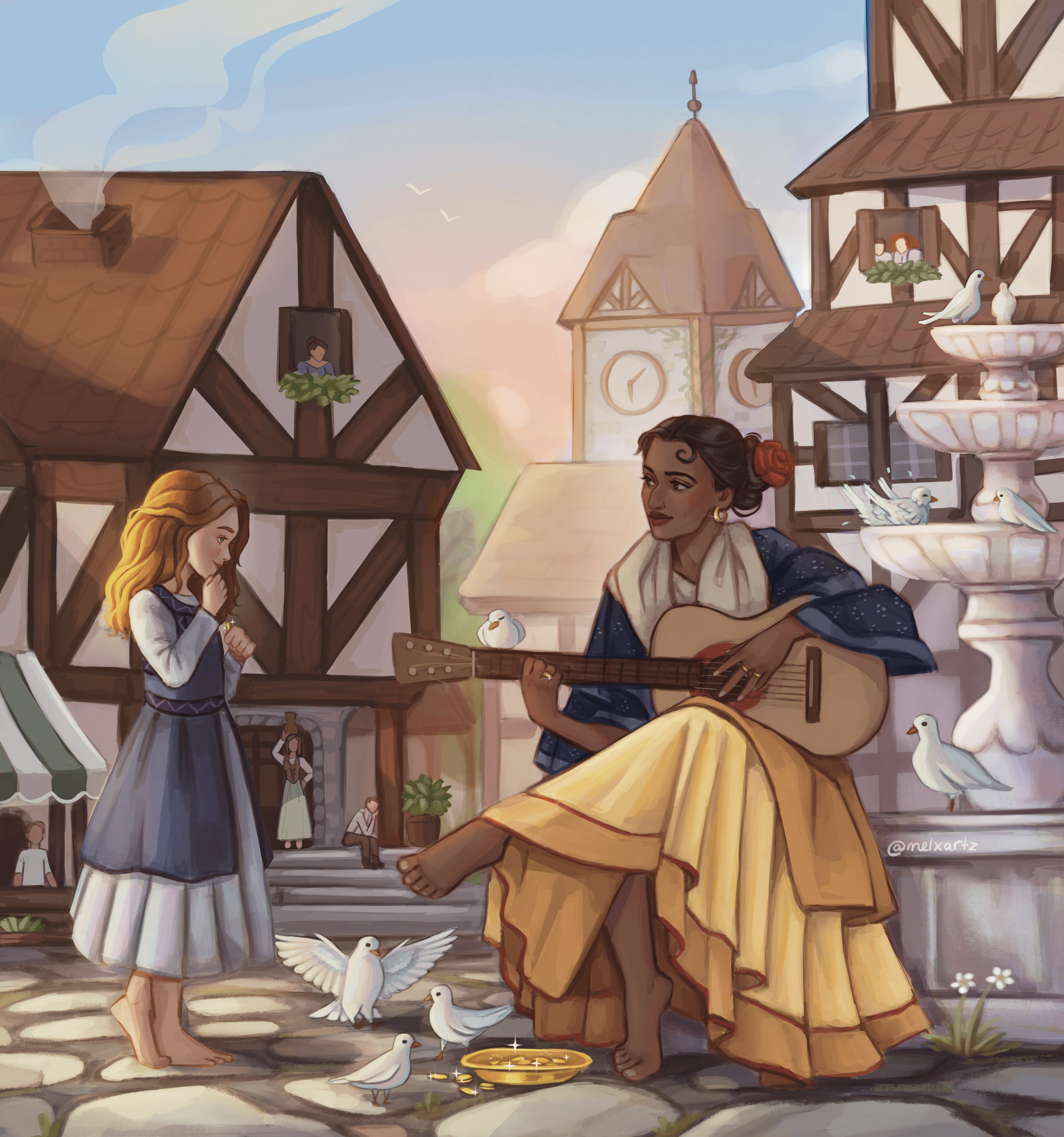 A young girl in a dress standing barefoot on a cobblestone street, watching a woman dressed in traditional Mexican attire playing a guitar surrounded by white doves, with a fountain and old European-style buildings in the background at sunset.